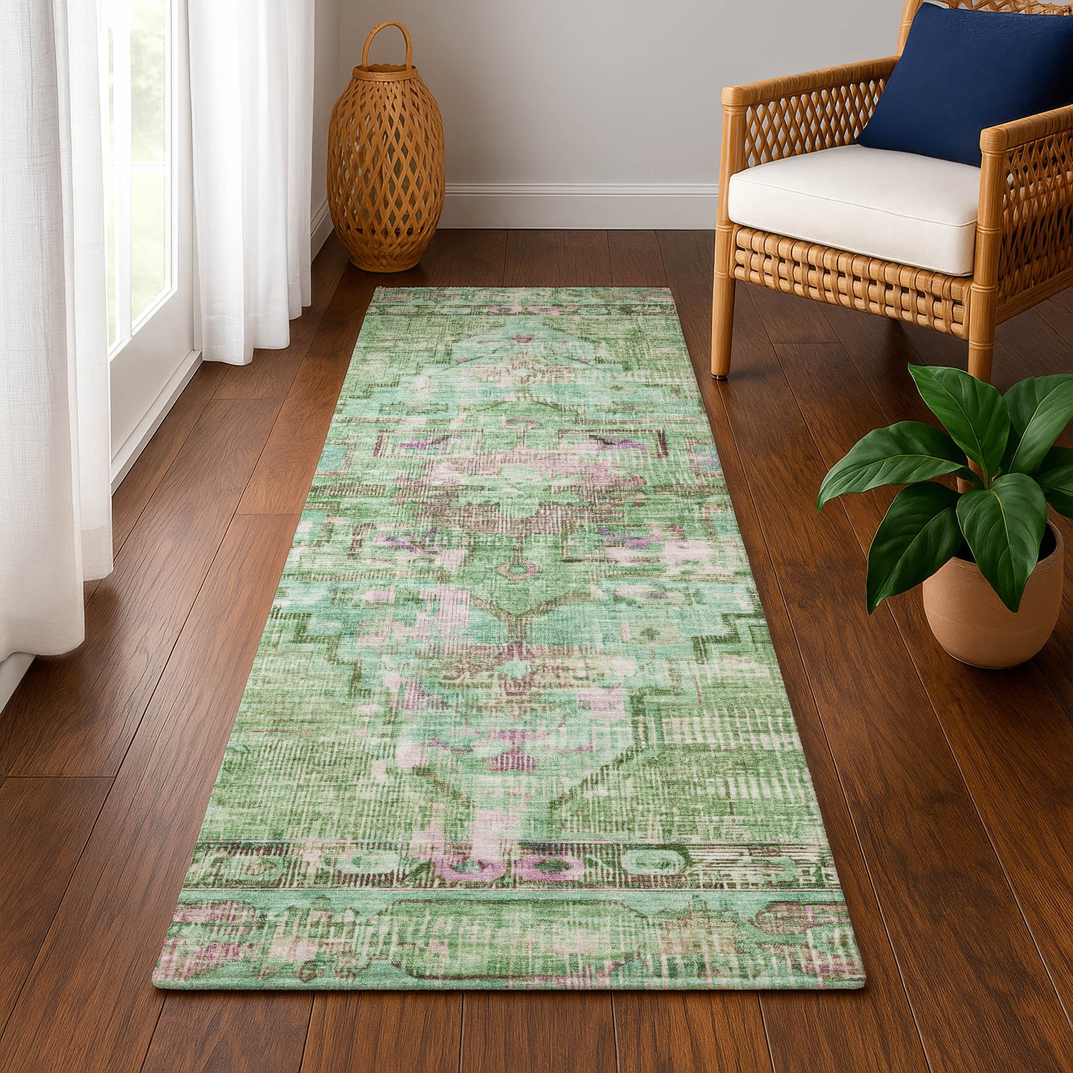 Lima Machine Washable Traditional Aloe Green Rug 2'3" x 7'6" #shape_Runner