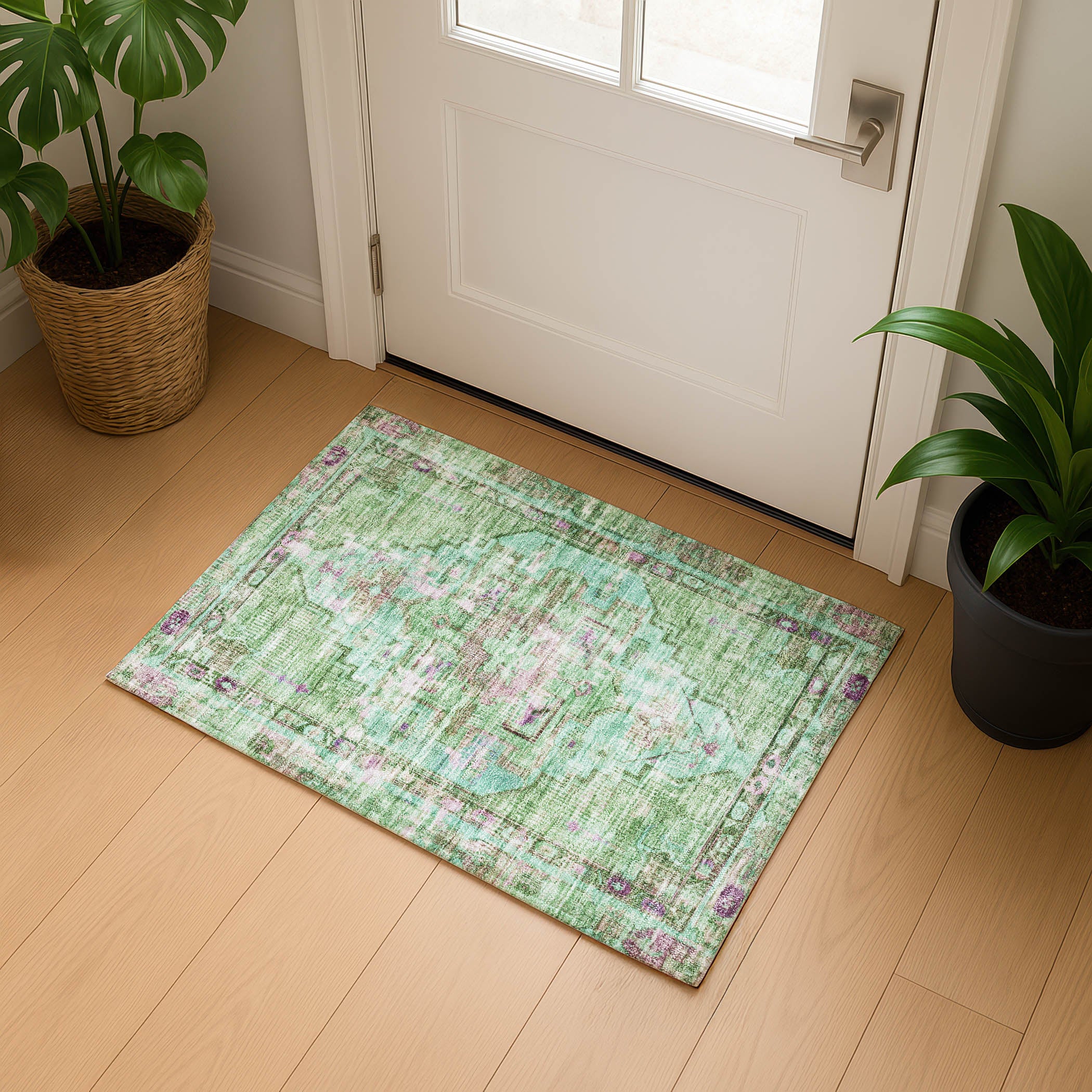 Lima Machine Washable Traditional Aloe Green Rug 1'8" x 2'6" #shape_Rectangle