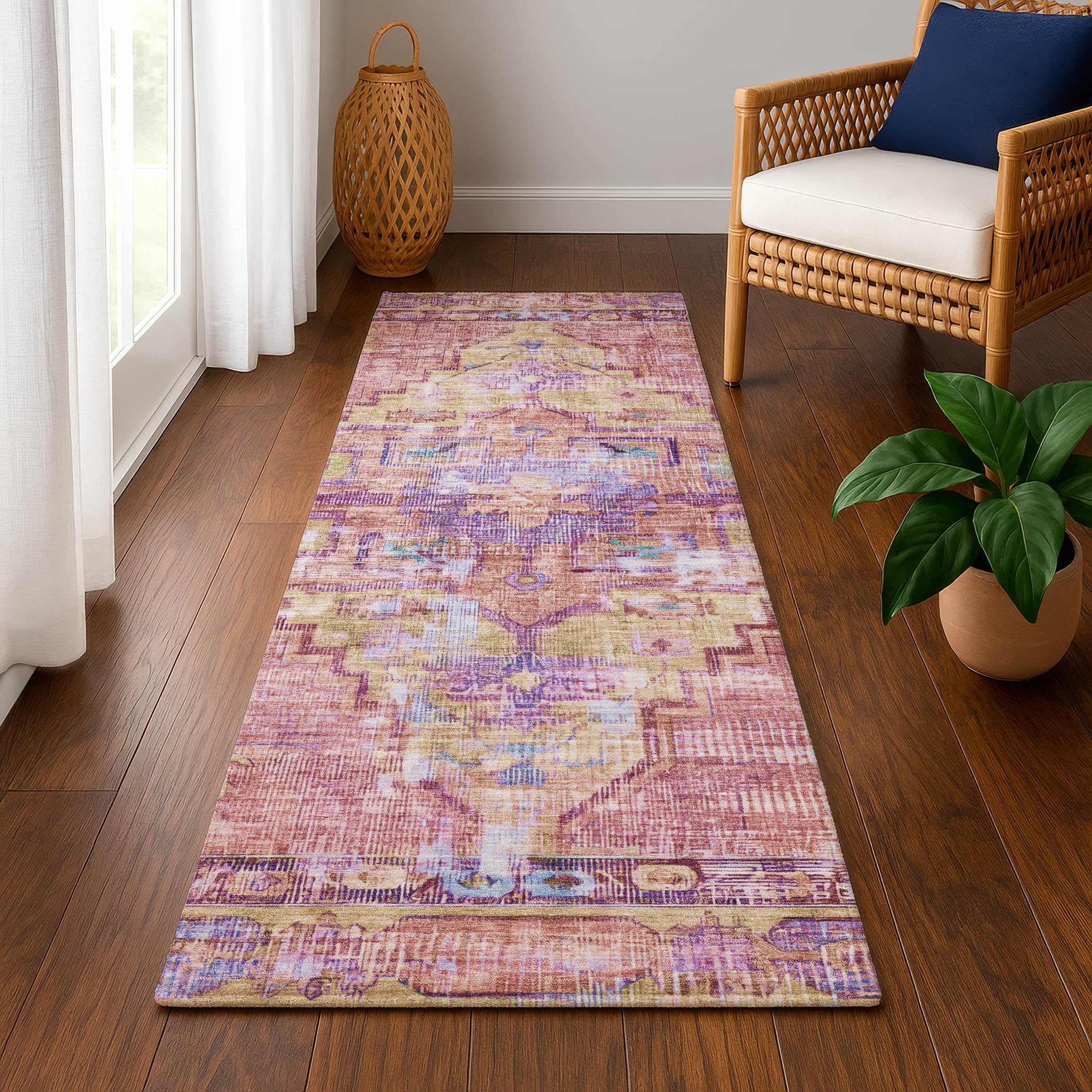 Lima Machine Washable Traditional Pink Rug 2'3" x 7'6" #shape_Runner