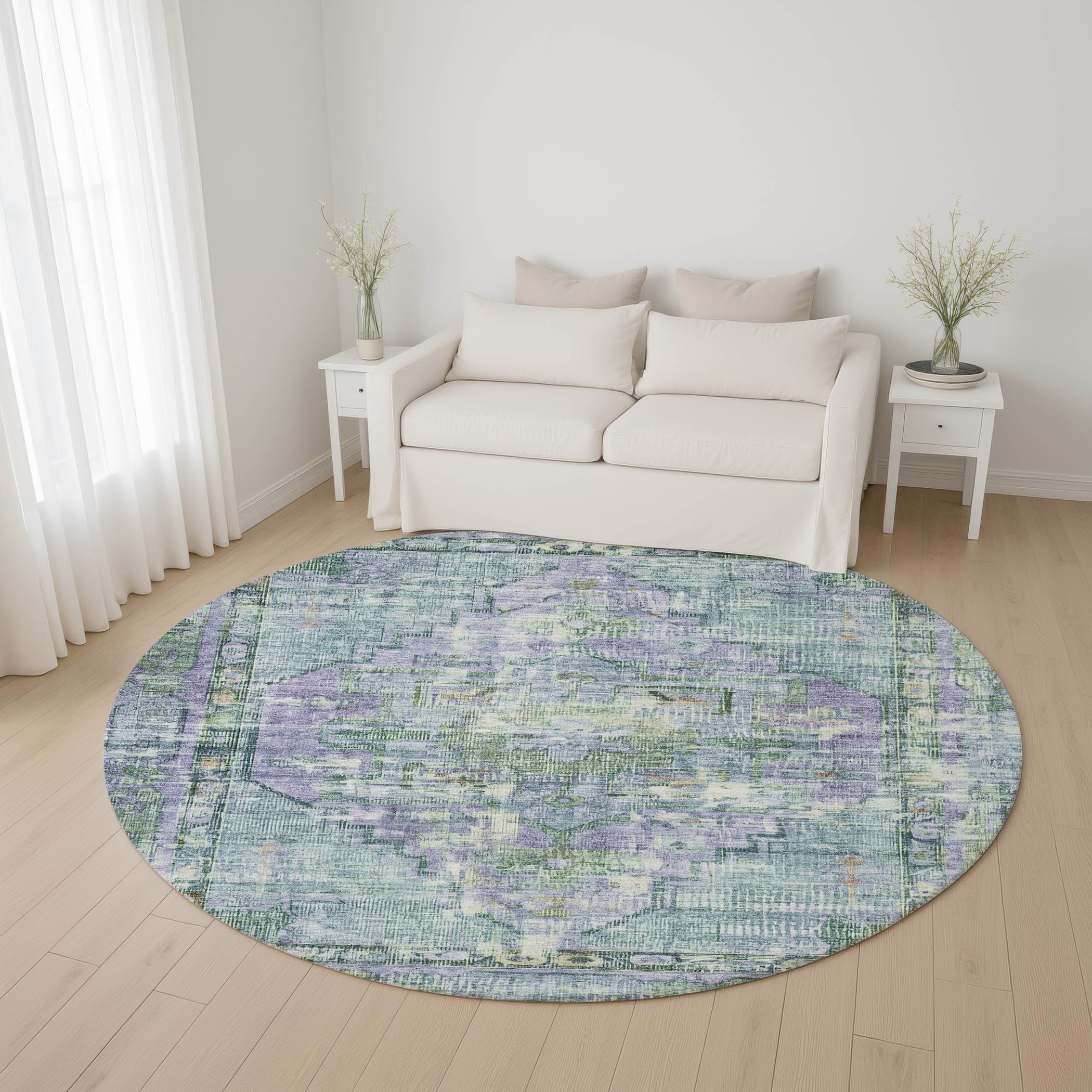 Lima Machine Washable Traditional Teal Rug 8' x 8' #shape_Round