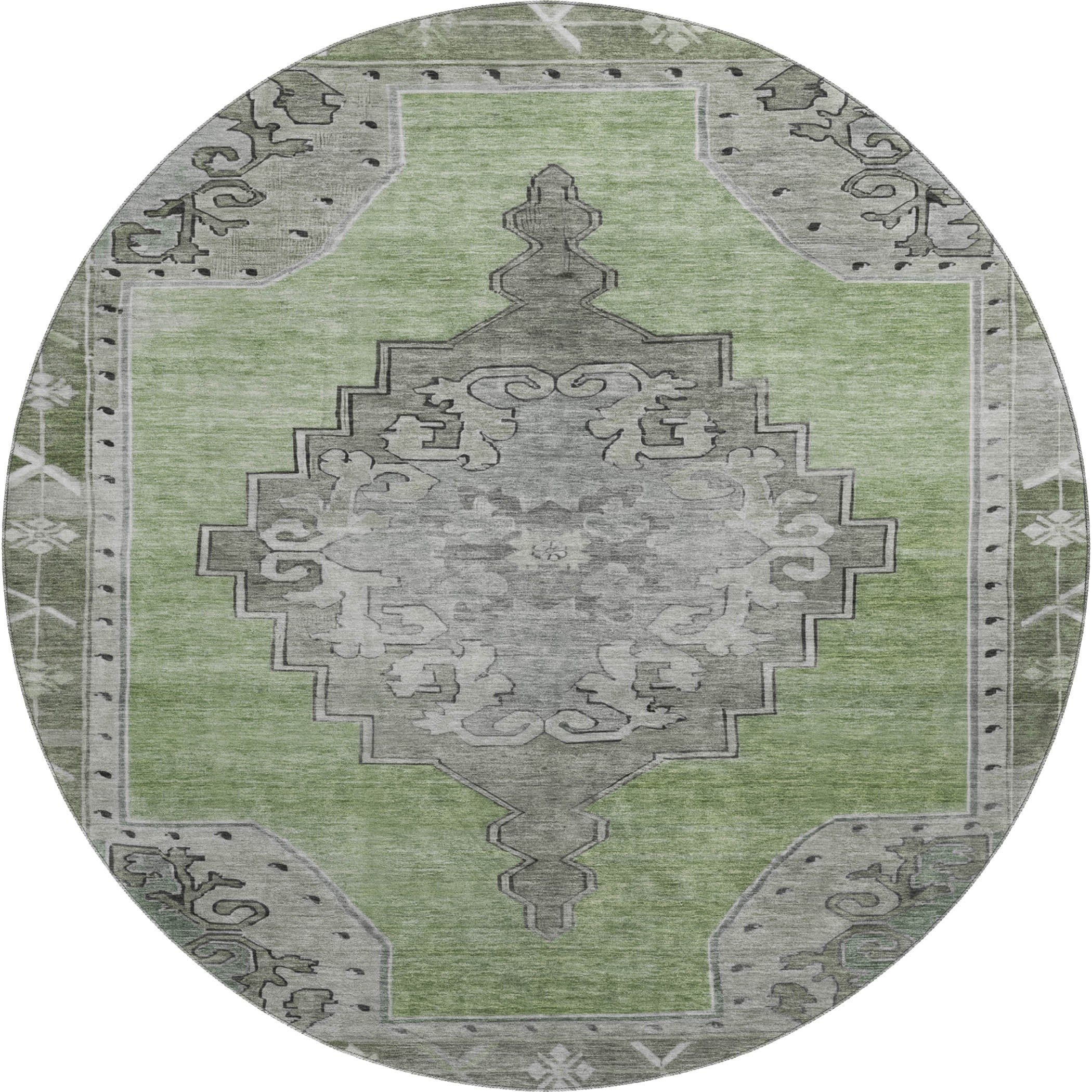 Porto Machine Washable Traditional Aloe Green Rug 8' x 8' #shape_Round