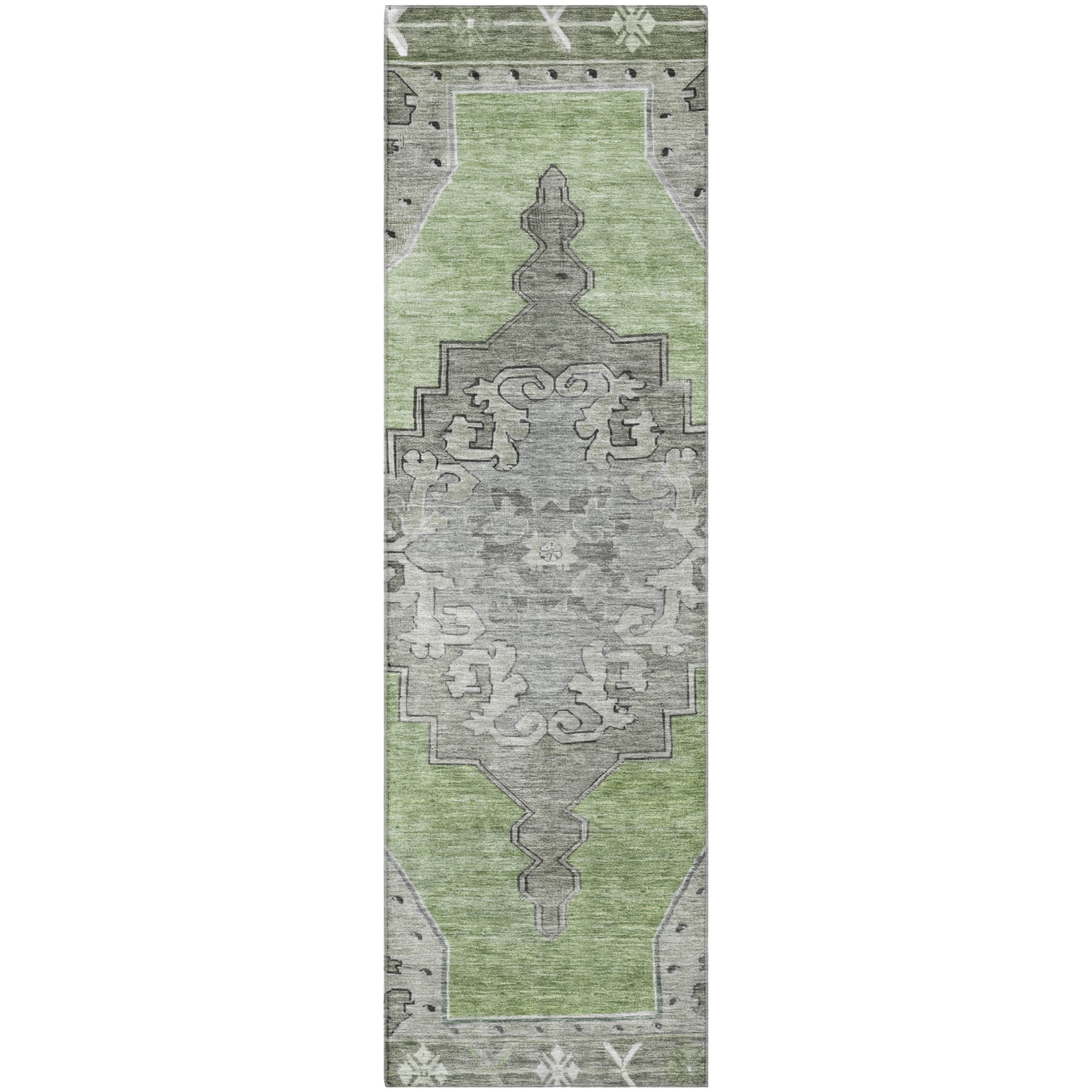 Porto Machine Washable Traditional Aloe Green Rug 2'3" x 7'6" #shape_Runner