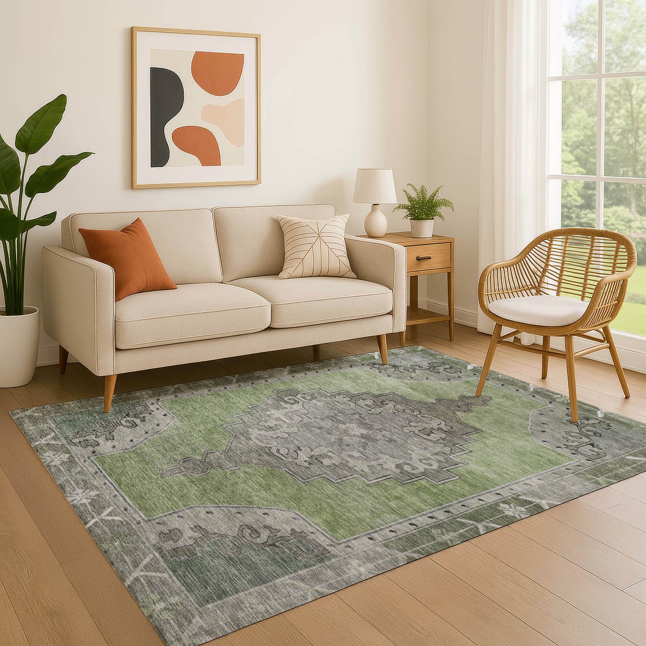 Porto Machine Washable Traditional Aloe Green Rug 2'6" x 3'10" #shape_Rectangle
