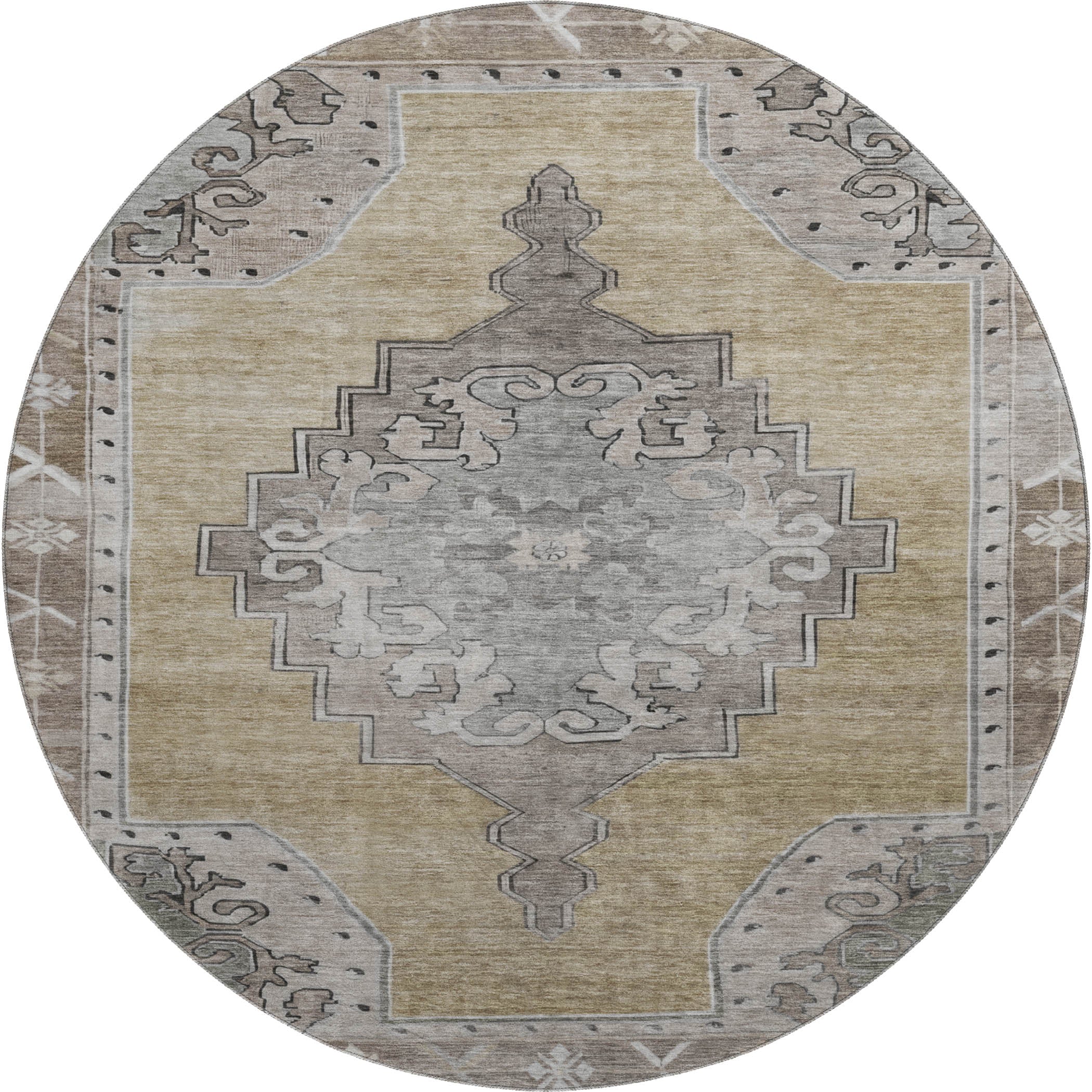 Porto Machine Washable Traditional Beige Brown Rug 8' x 8' #shape_Round