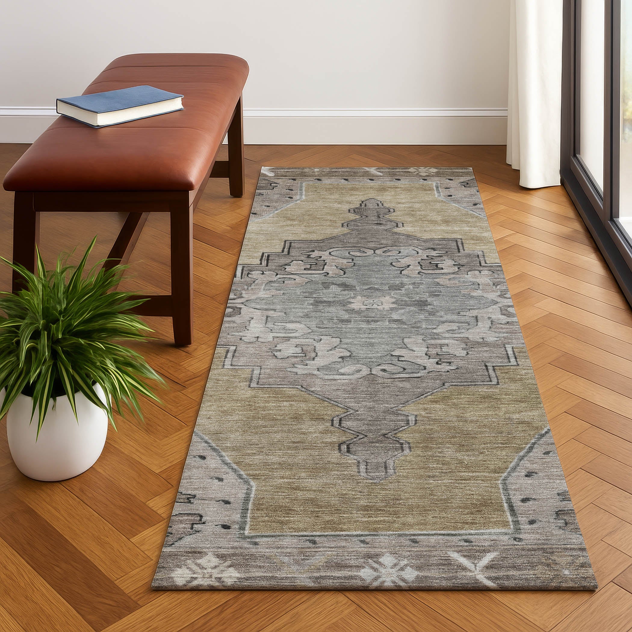 Porto Machine Washable Traditional Beige Brown Rug 2'3" x 7'6" #shape_Runner