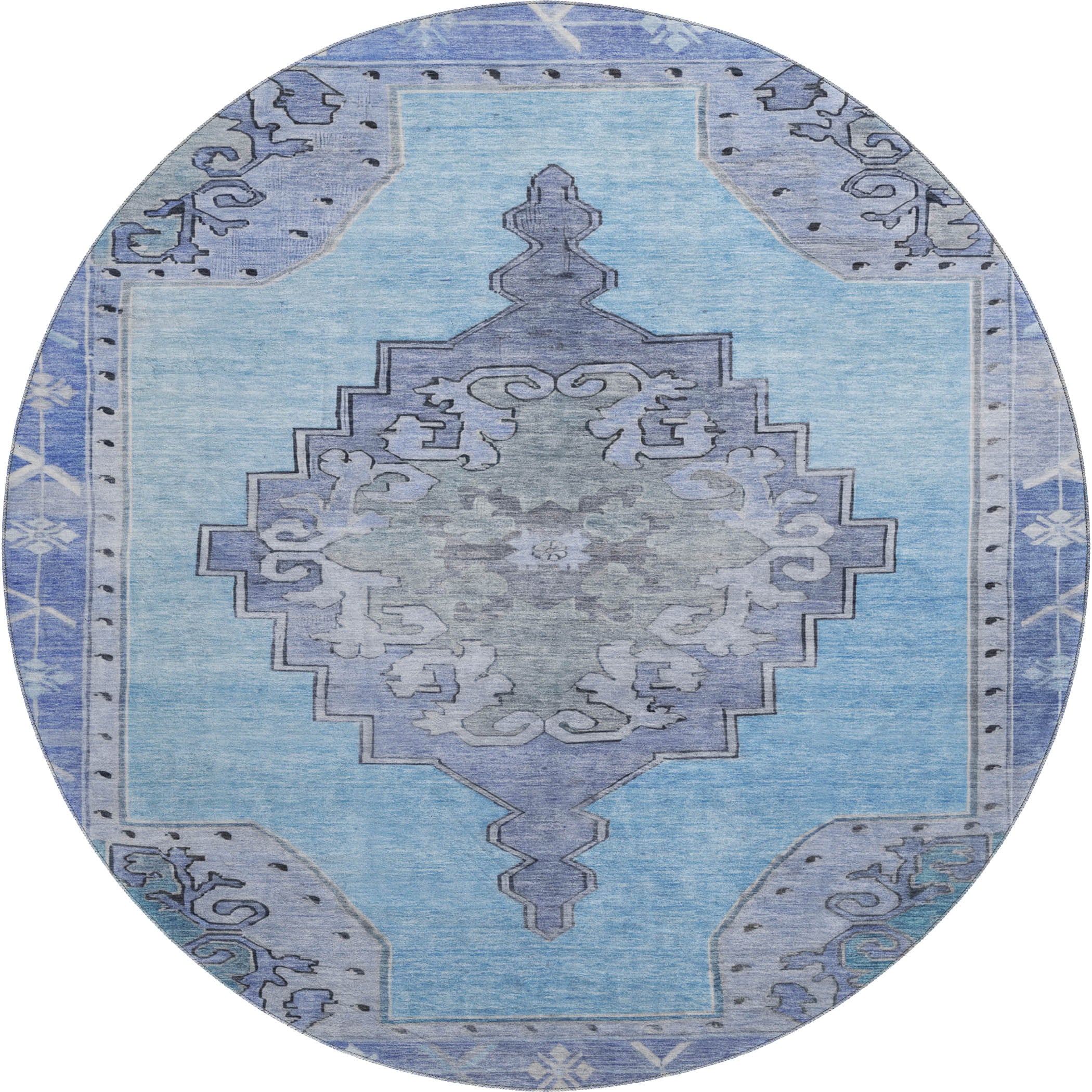 Porto Machine Washable Traditional Blue Rug 8' x 8' #shape_Round