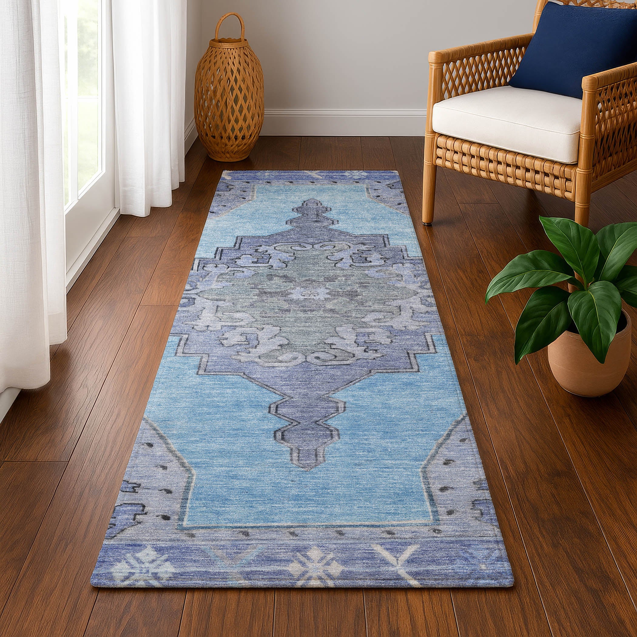 Porto Machine Washable Traditional Blue Rug 2'3" x 7'6" #shape_Runner