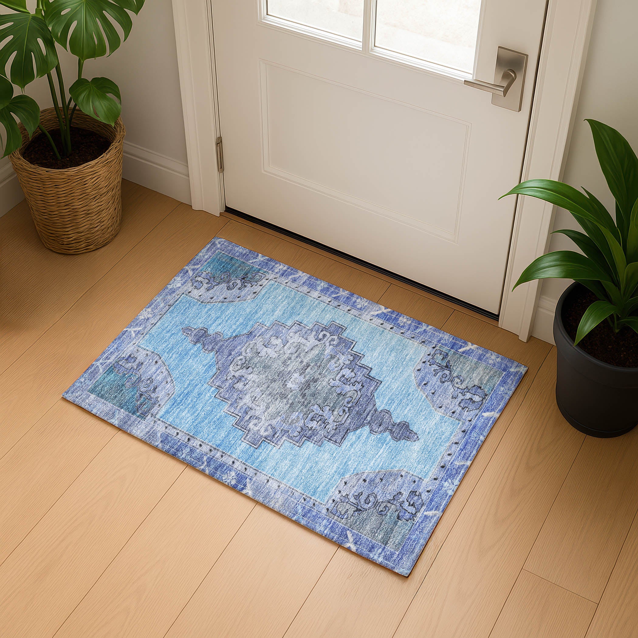 Porto Machine Washable Traditional Blue Rug 1'8" x 2'6" #shape_Rectangle
