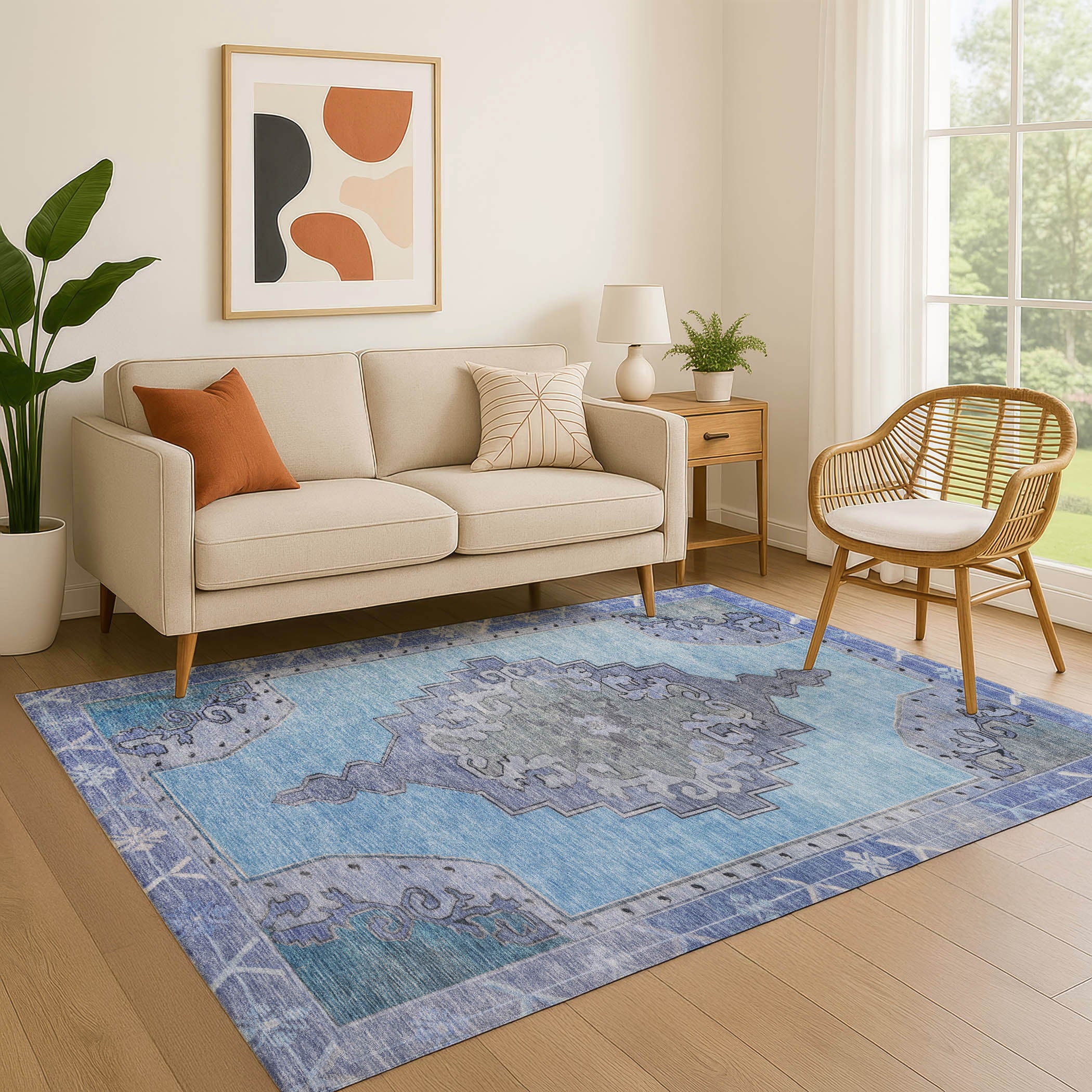 Porto Machine Washable Traditional Blue Rug 2'6" x 3'10" #shape_Rectangle