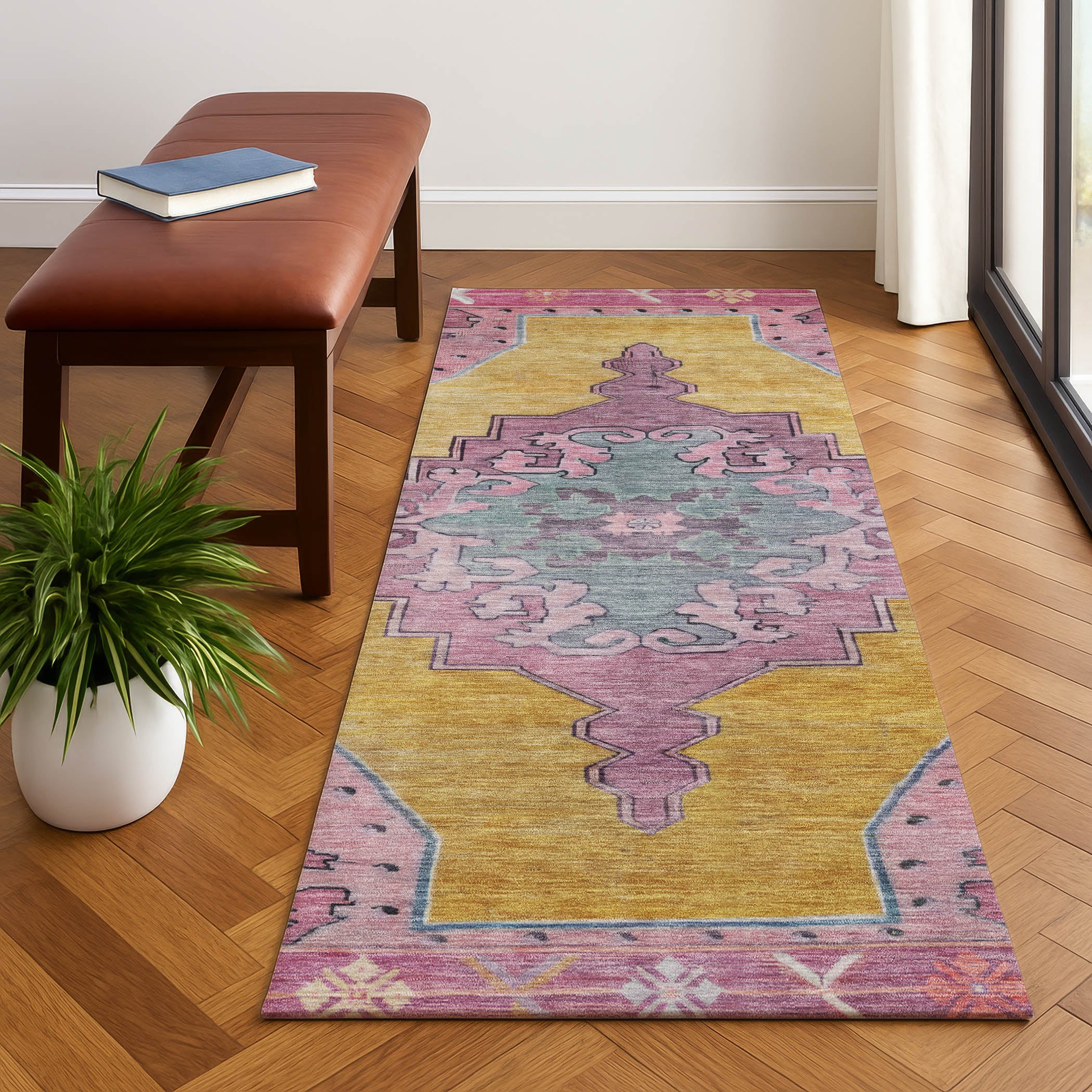 Porto Machine Washable Traditional Gold Rug 2'3" x 7'6" #shape_Runner