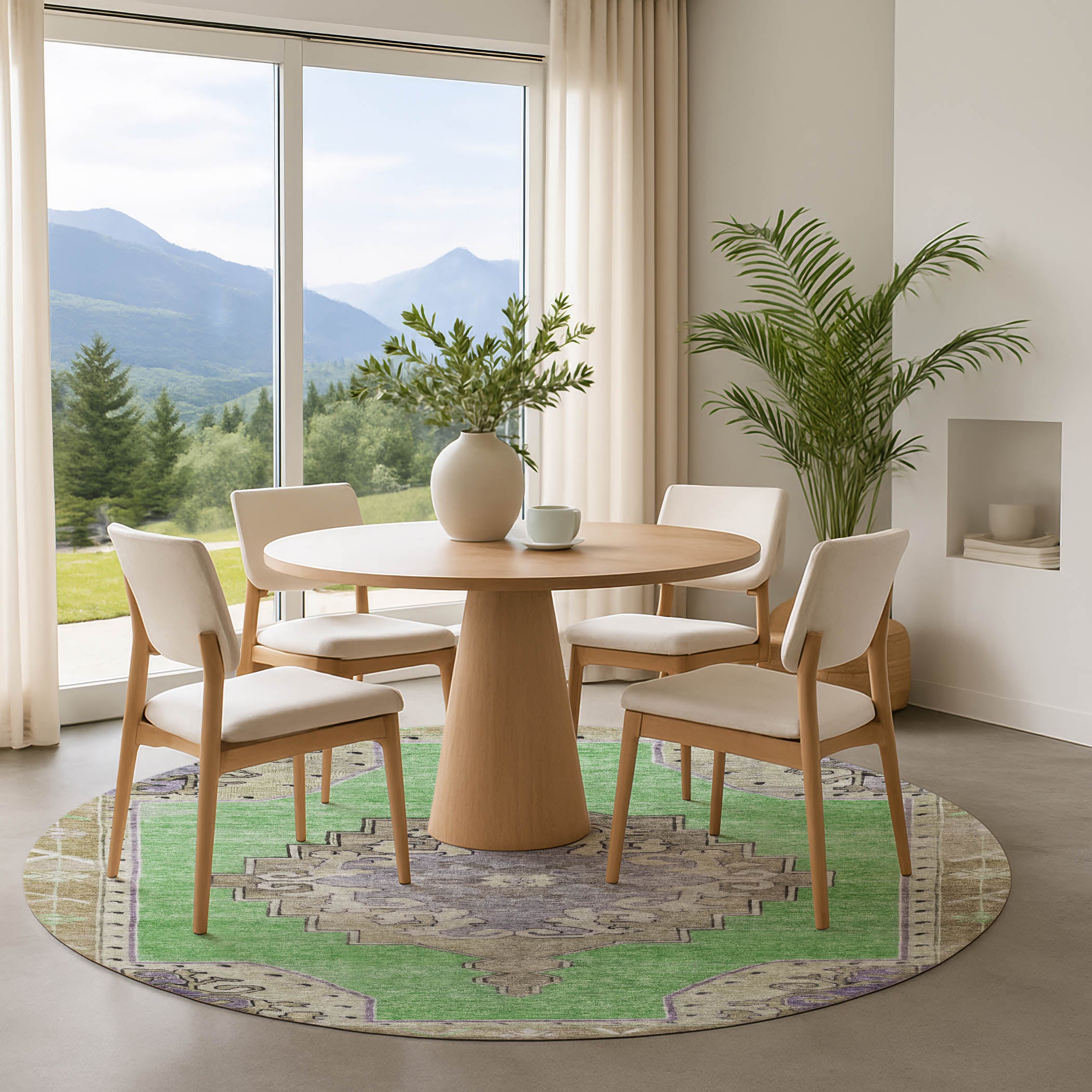 Porto Machine Washable Traditional Lime Green Rug 8' x 8' #shape_Round