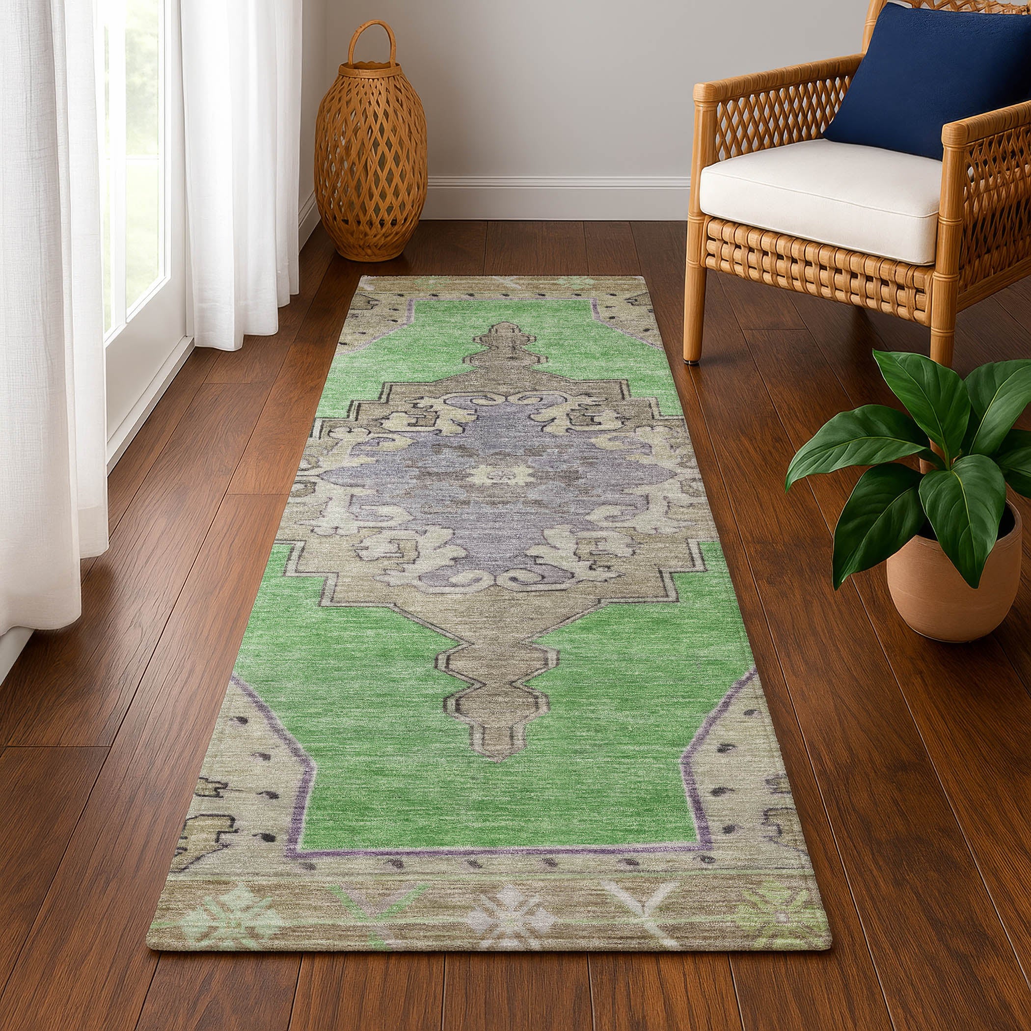Porto Machine Washable Traditional Lime Green Rug 2'3" x 7'6" #shape_Runner