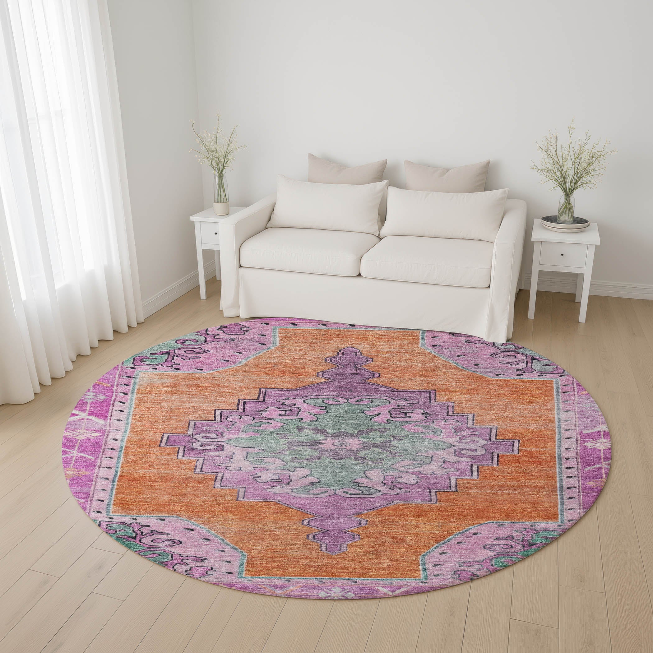 Porto Machine Washable Traditional Orange Rug 8' x 8' #shape_Round