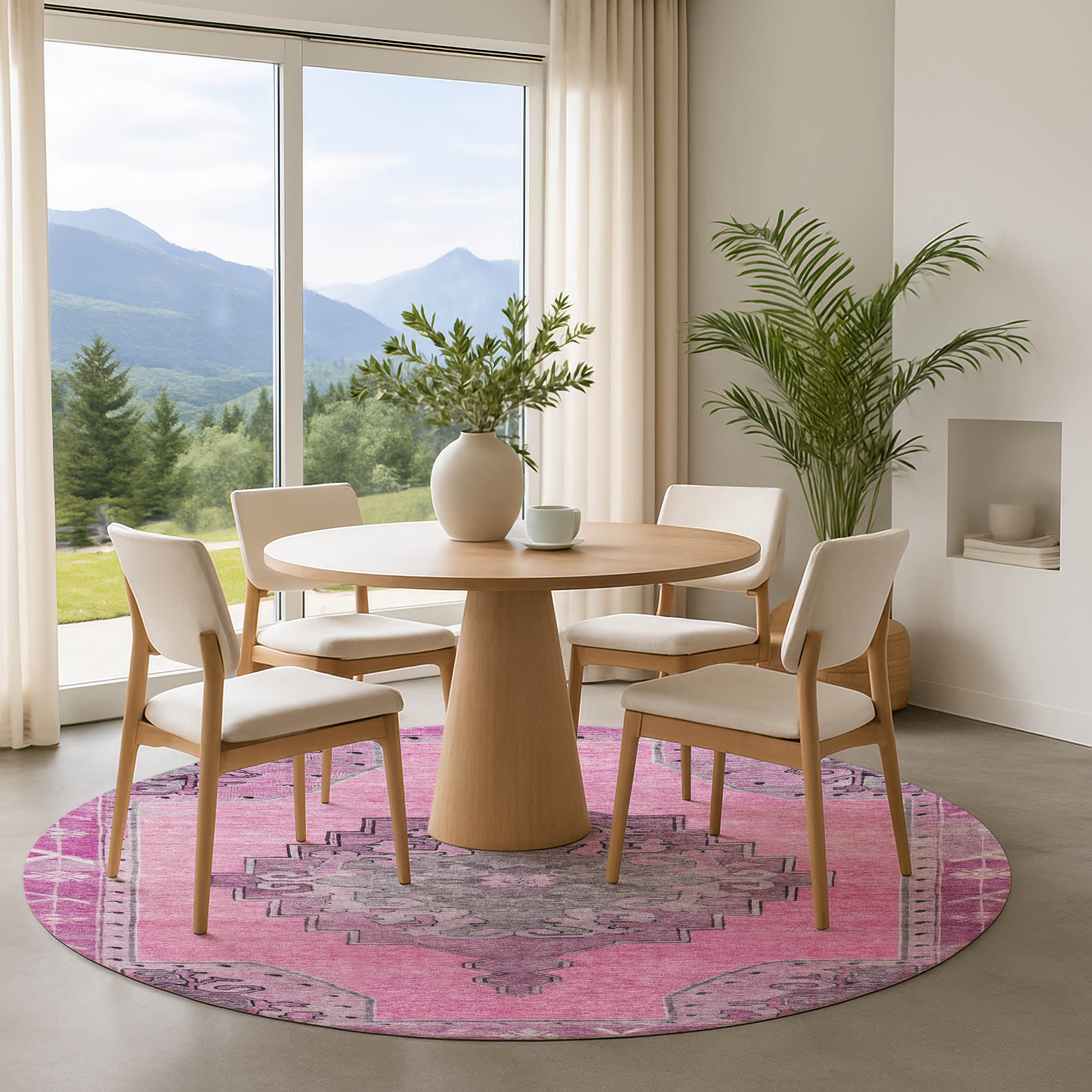 Porto Machine Washable Traditional Pink Rug 8' x 8' #shape_Round