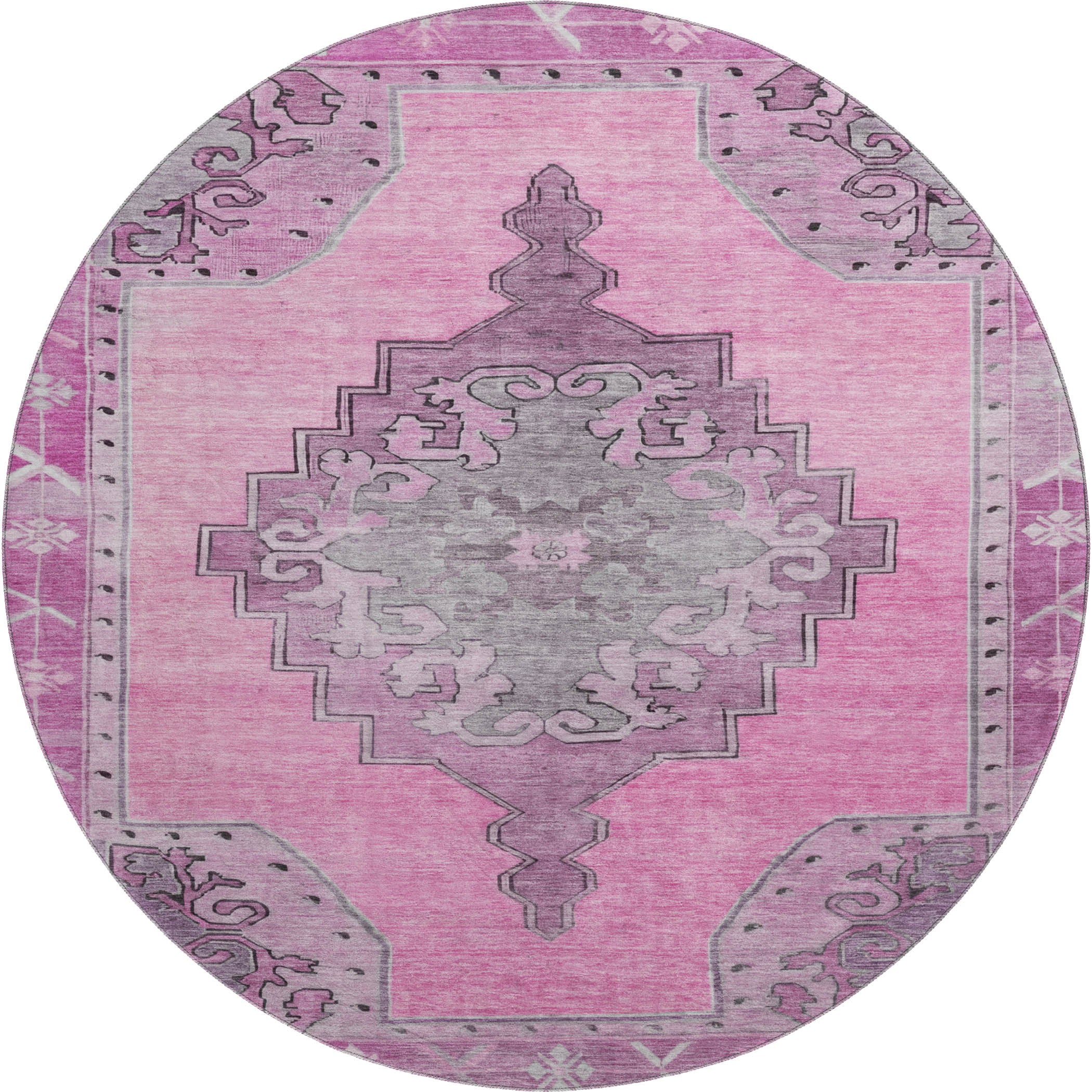 Porto Machine Washable Traditional Pink Rug 8' x 8' #shape_Round