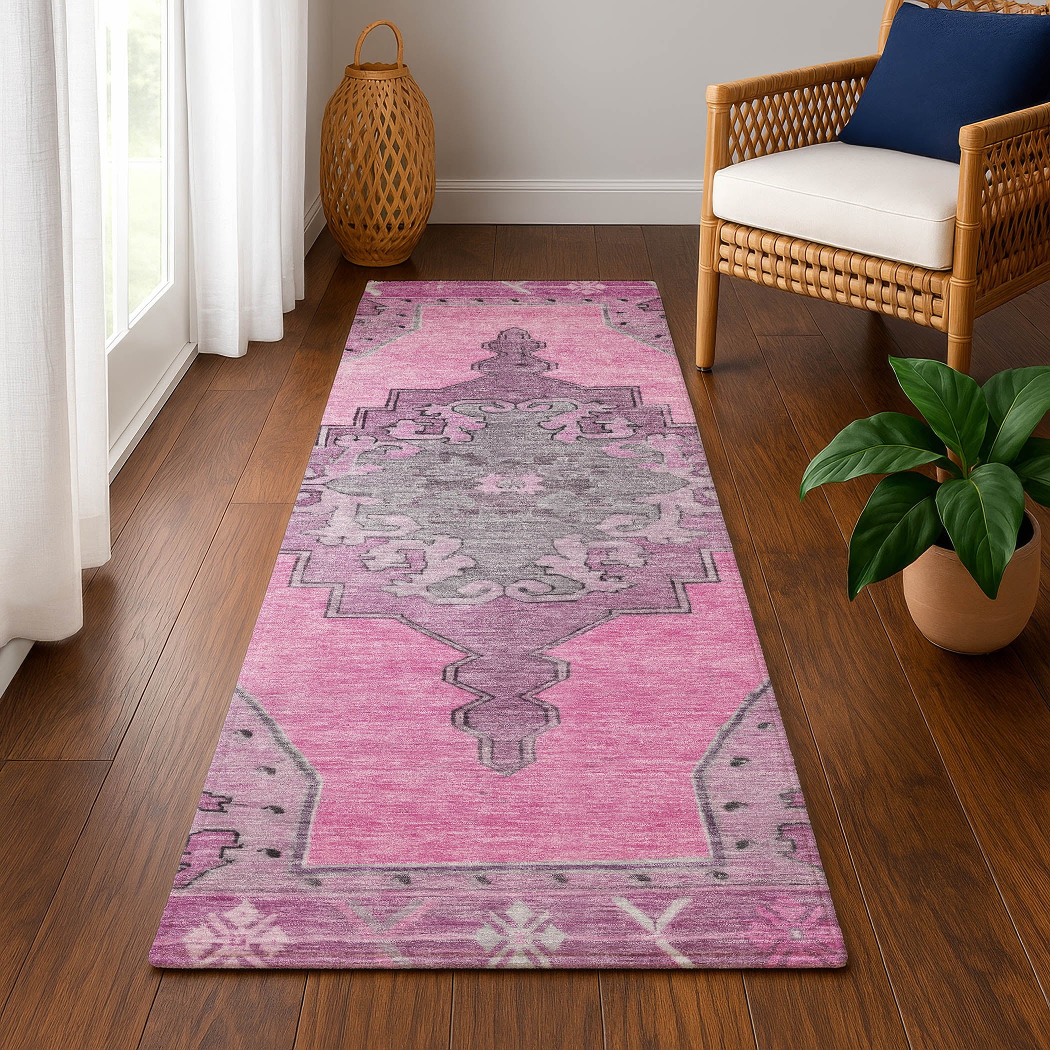 Porto Machine Washable Traditional Pink Rug 2'3" x 7'6" #shape_Runner