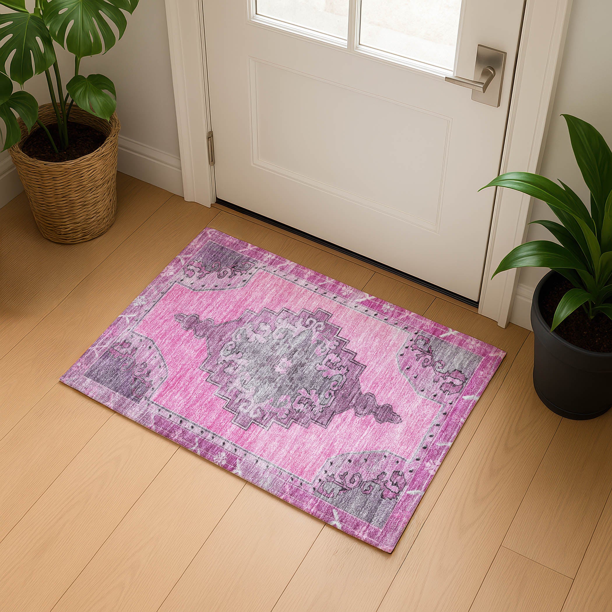 Porto Machine Washable Traditional Pink Rug 1'8" x 2'6" #shape_Rectangle