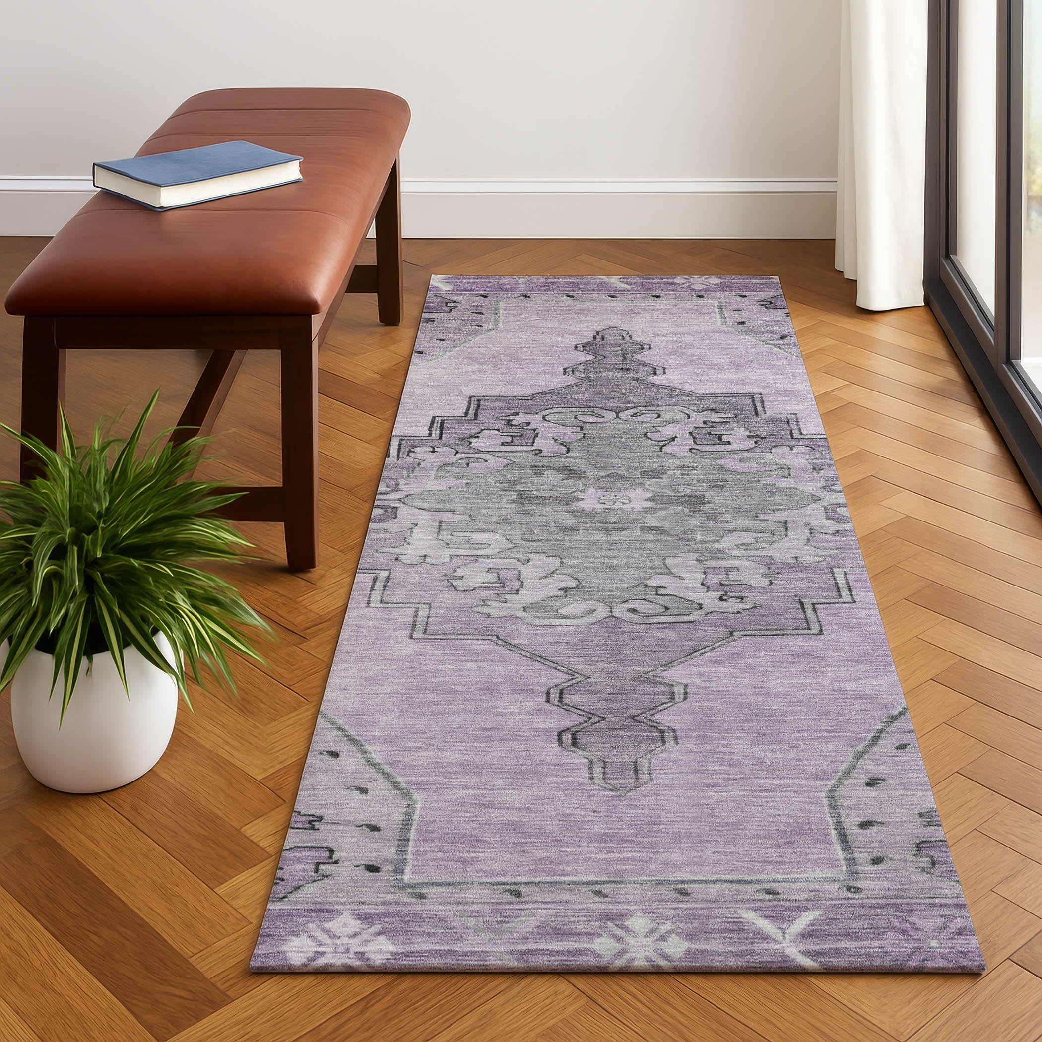 Porto Machine Washable Traditional Plum Purple Rug 2'3" x 7'6" #shape_Runner
