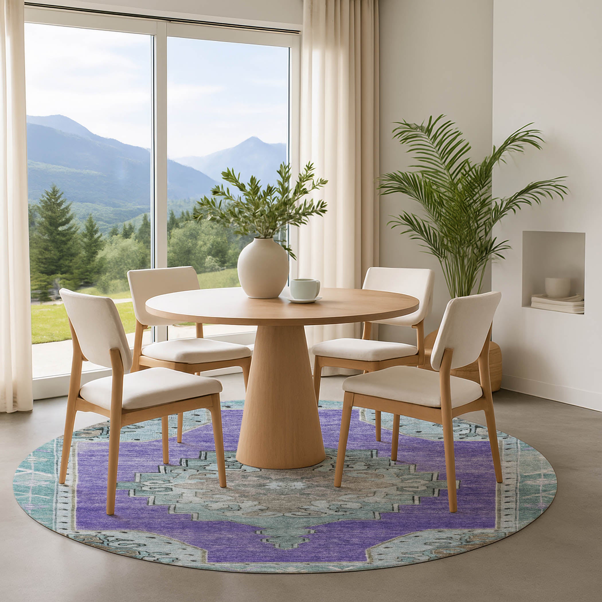 Porto Machine Washable Traditional Purple Rug 8' x 8' #shape_Round