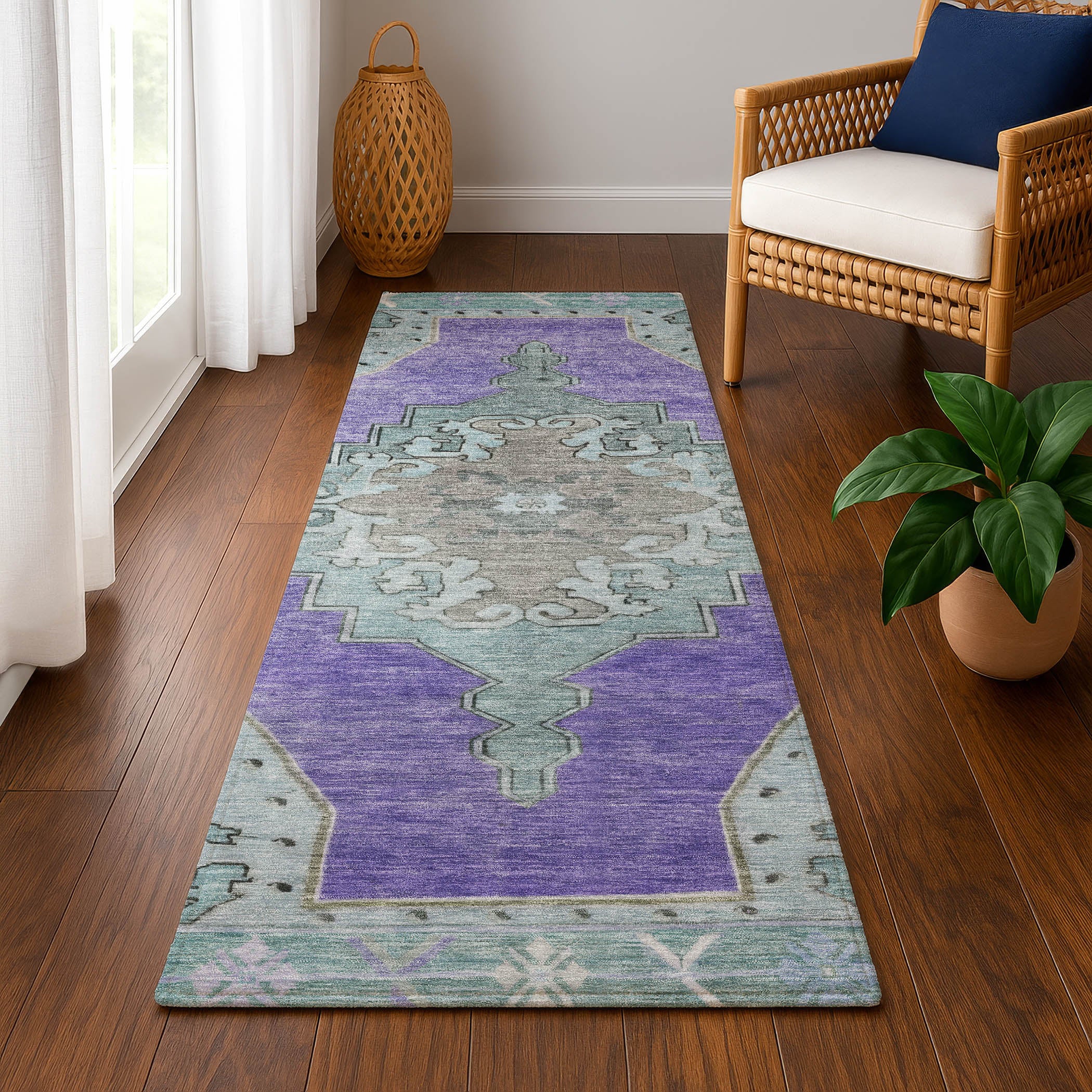 Porto Machine Washable Traditional Purple Rug 2'3" x 7'6" #shape_Runner