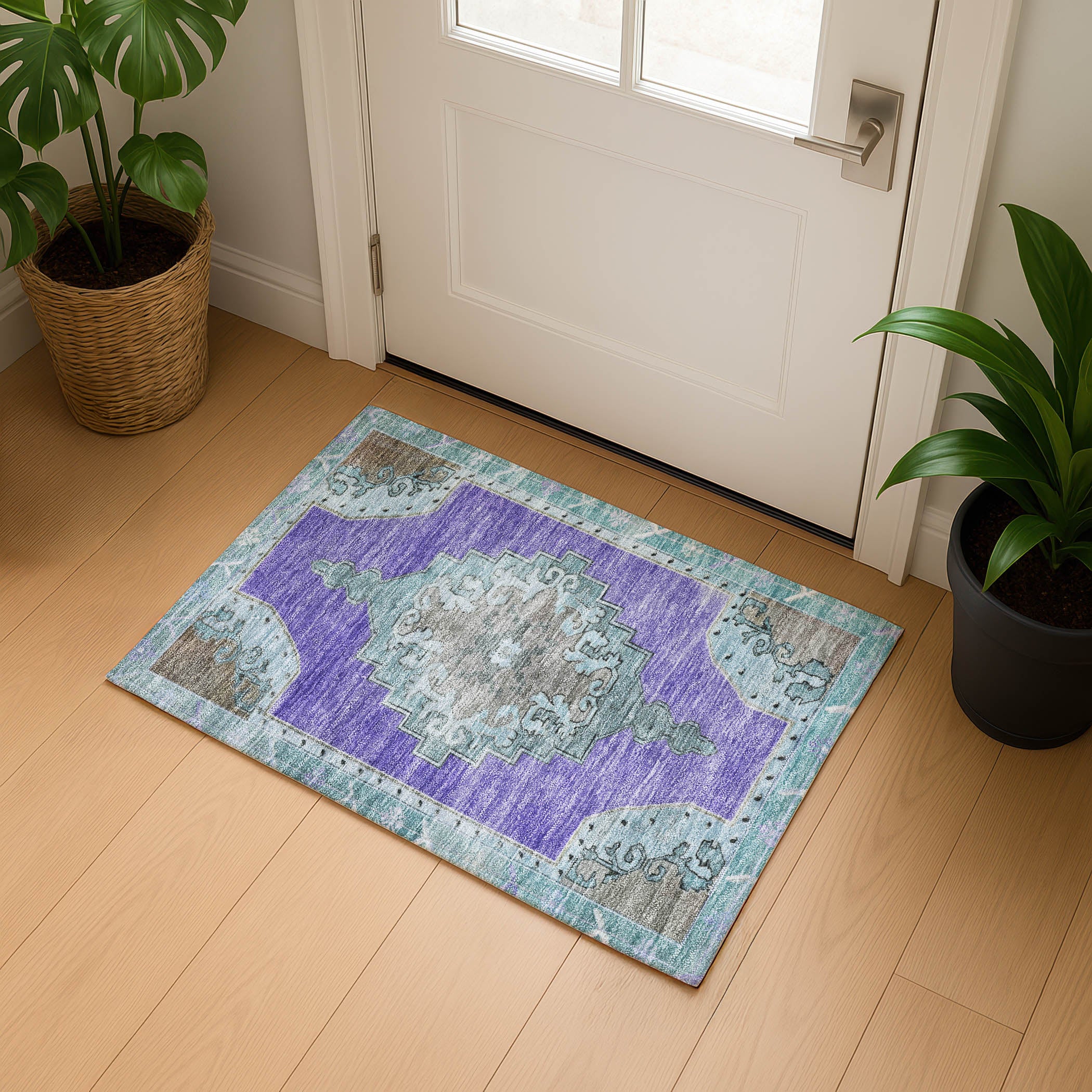 Porto Machine Washable Traditional Purple Rug 1'8" x 2'6" #shape_Rectangle