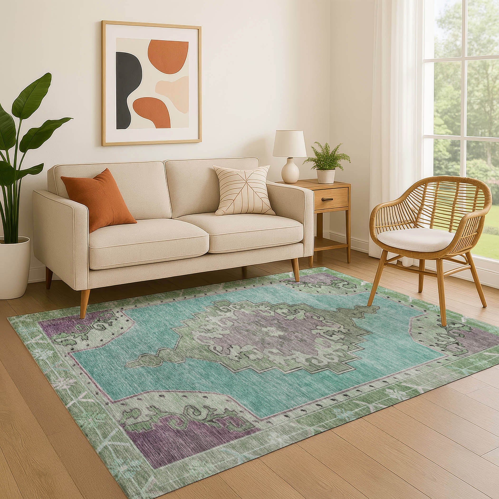 Porto Machine Washable Traditional Teal Rug 2'6" x 3'10" #shape_Rectangle