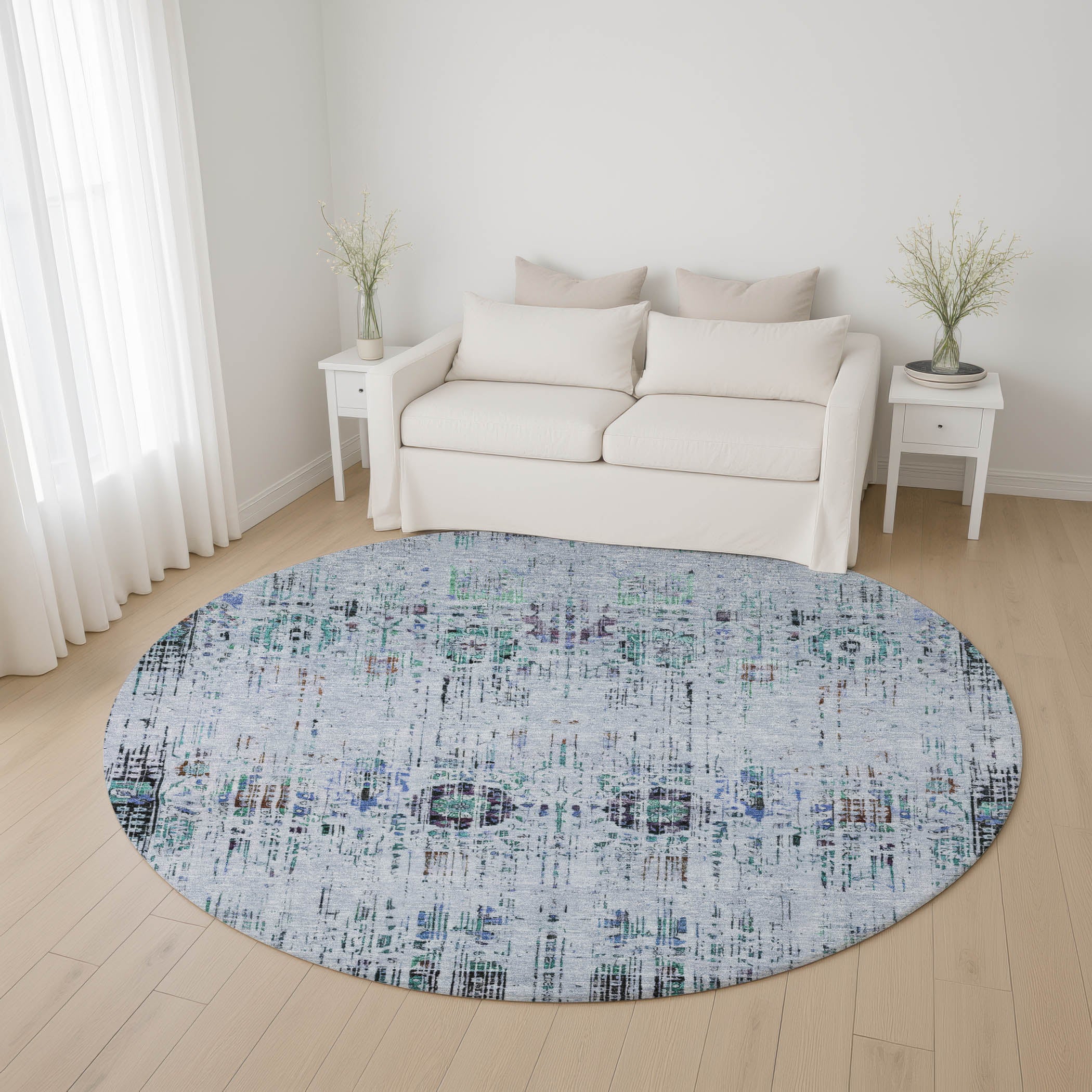 Prague Machine Washable Transitional Blue Rug 8' x 8' #shape_Round