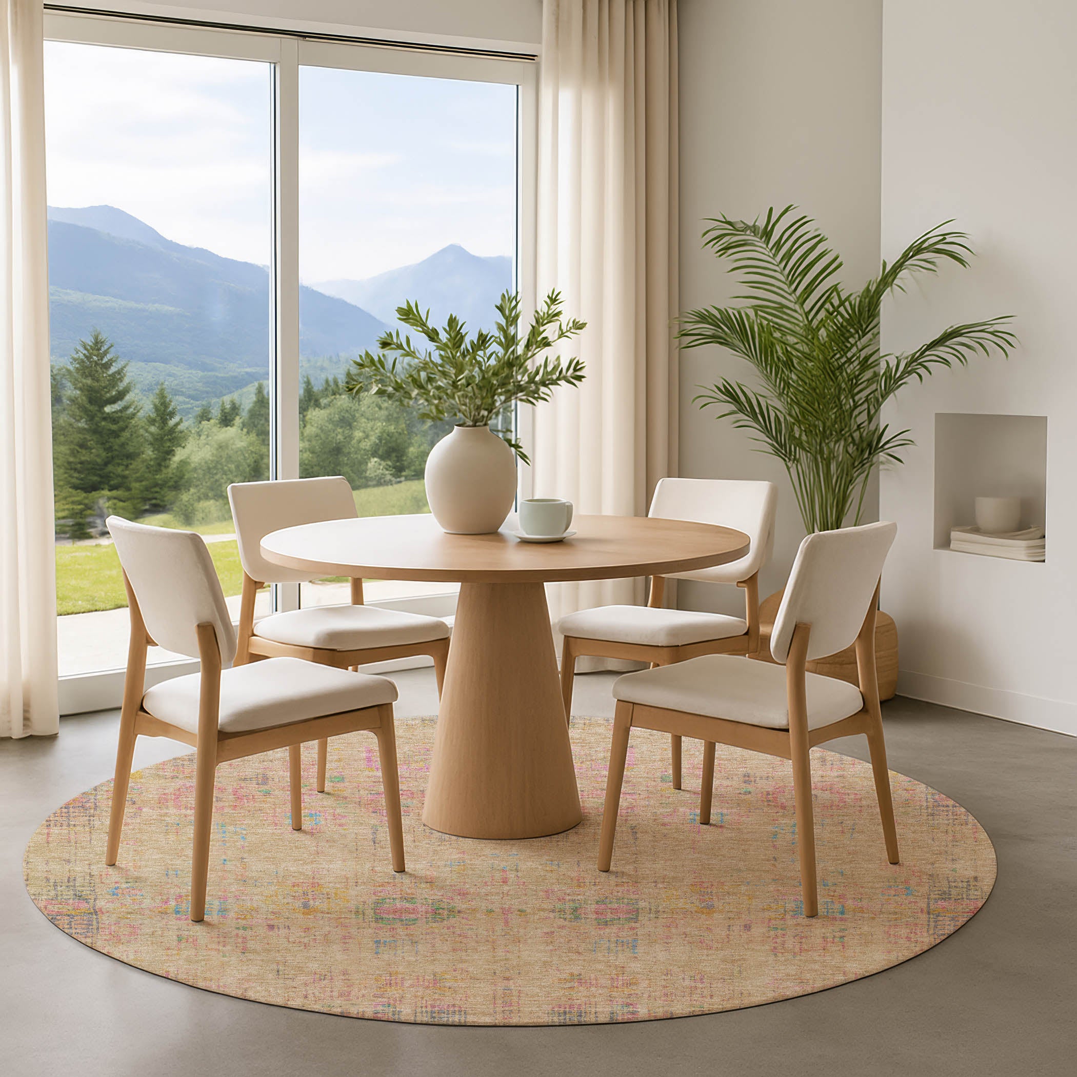 Prague Machine Washable Transitional Tan Brown Rug 8' x 8' #shape_Round
