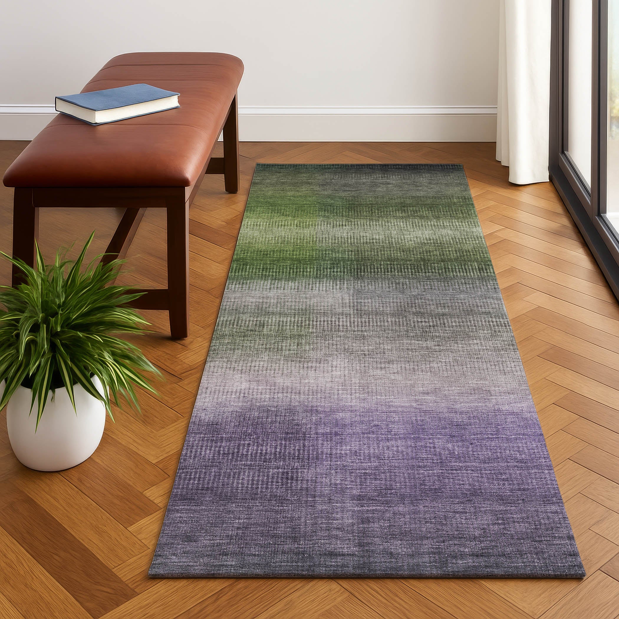 Colombo Machine Washable Transitional Olive Green Rug 2'3" x 7'6" #shape_Runner