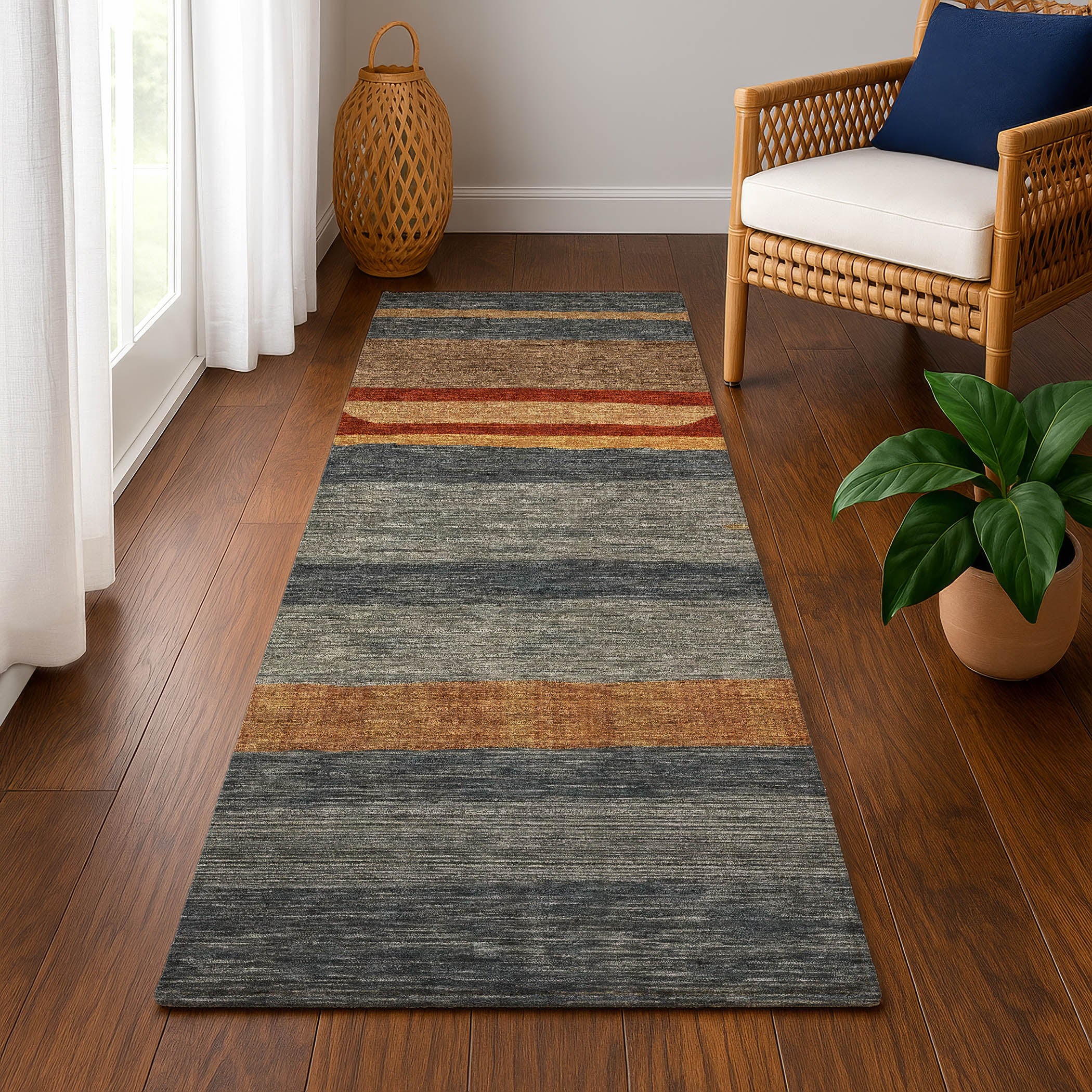 Dublin Machine Washable Transitional Blue Rug 2'3" x 7'6" #shape_Runner