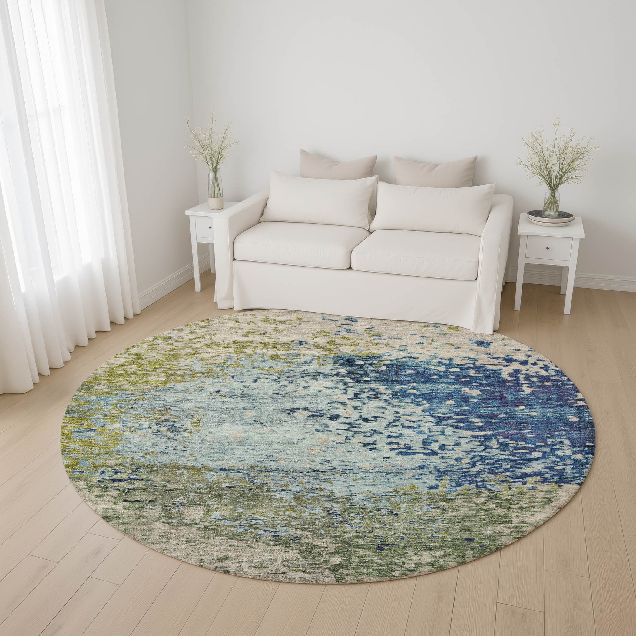 Oslo Machine Washable Transitional Blue Rug 8' x 8' #shape_Round