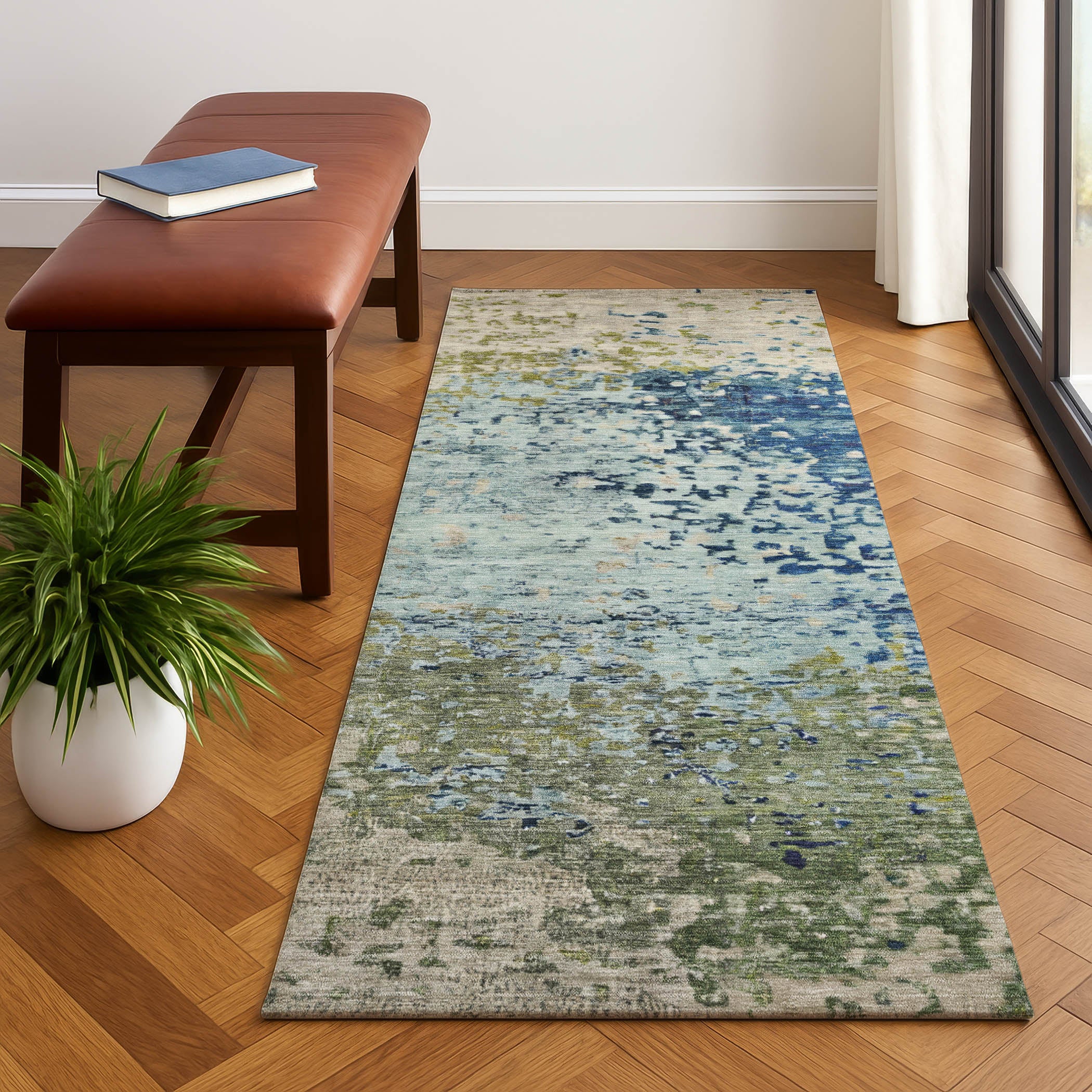 Oslo Machine Washable Transitional Blue Rug 2'3" x 7'6" #shape_Runner