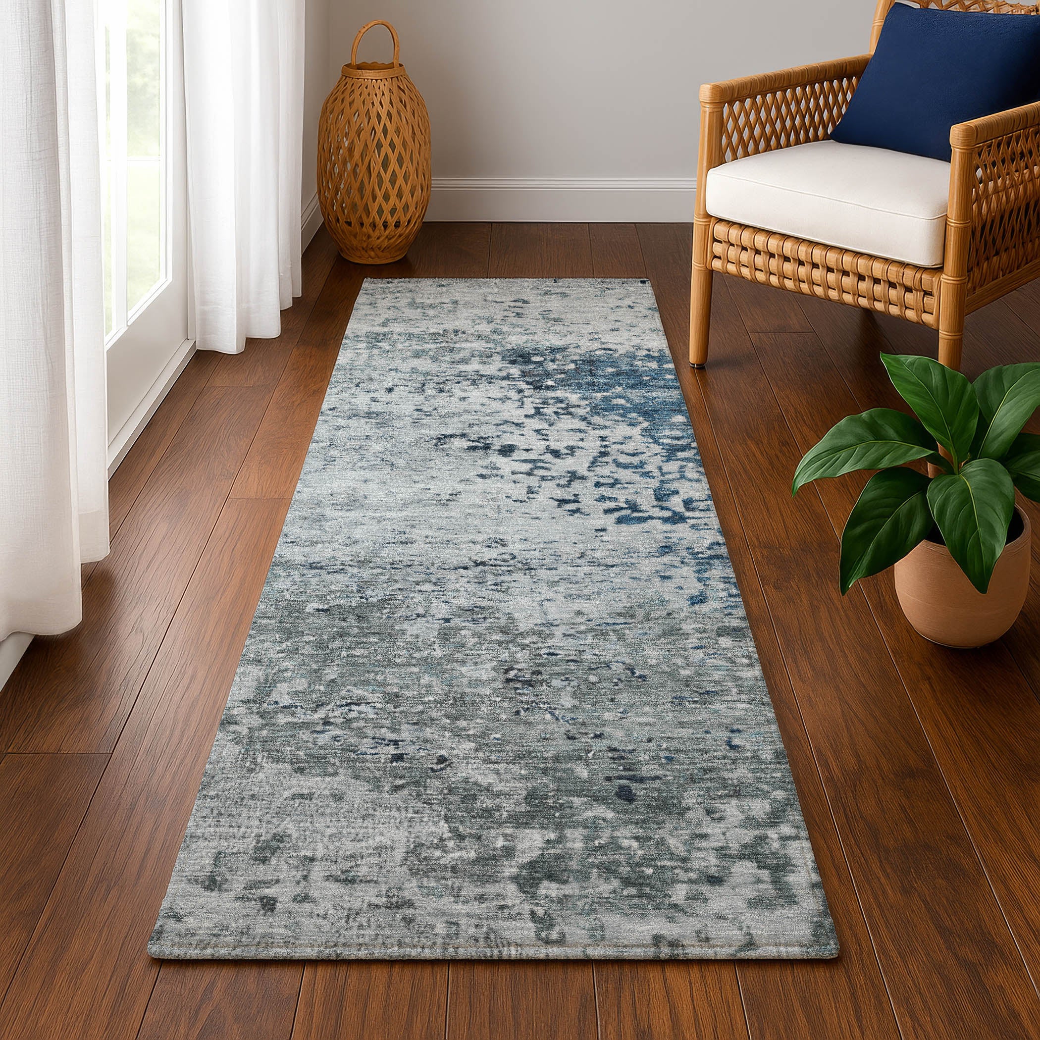 Oslo Machine Washable Transitional Denim Blue Rug 2'3" x 7'6" #shape_Runner