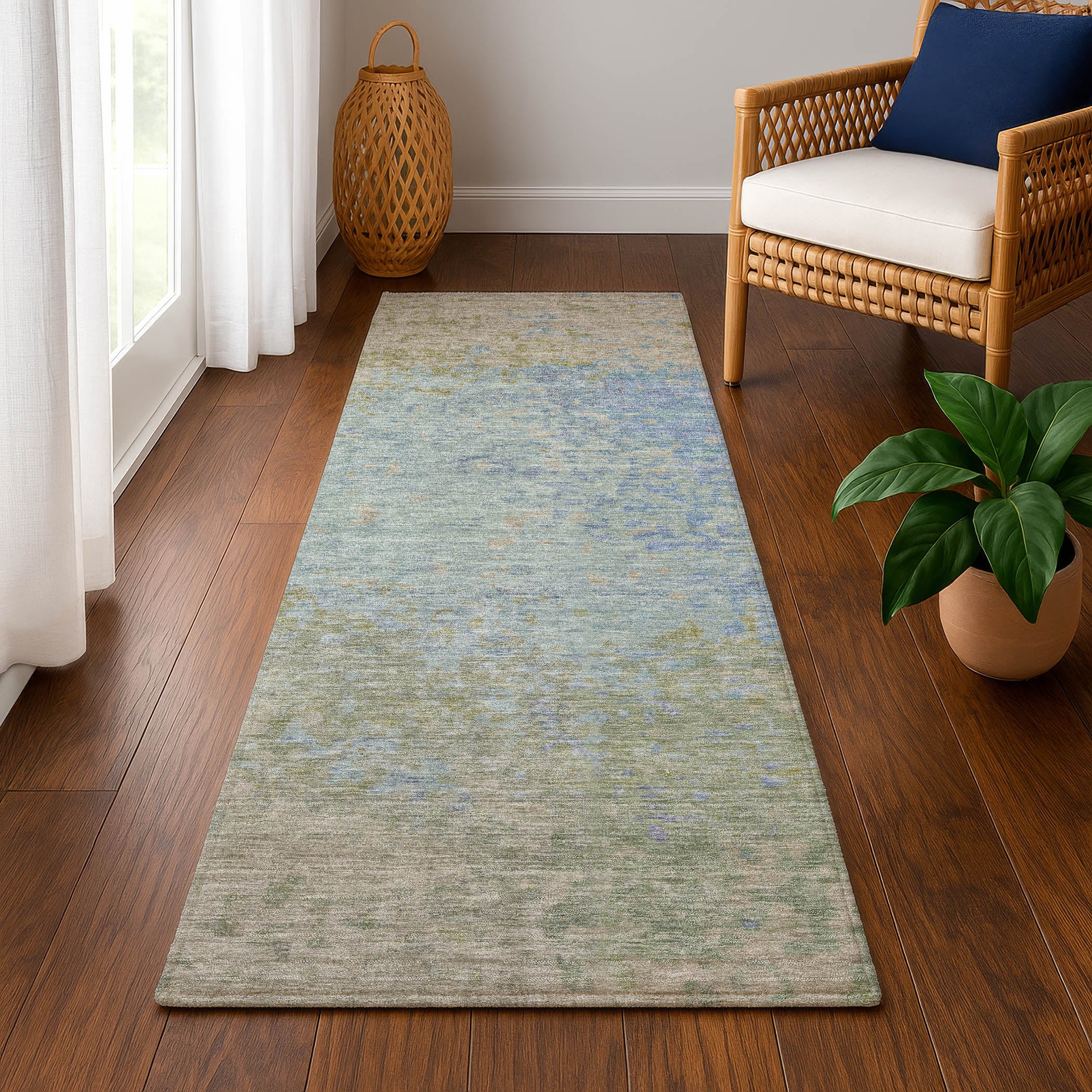 Oslo Machine Washable Transitional Sky Blue Rug 2'3" x 7'6" #shape_Runner