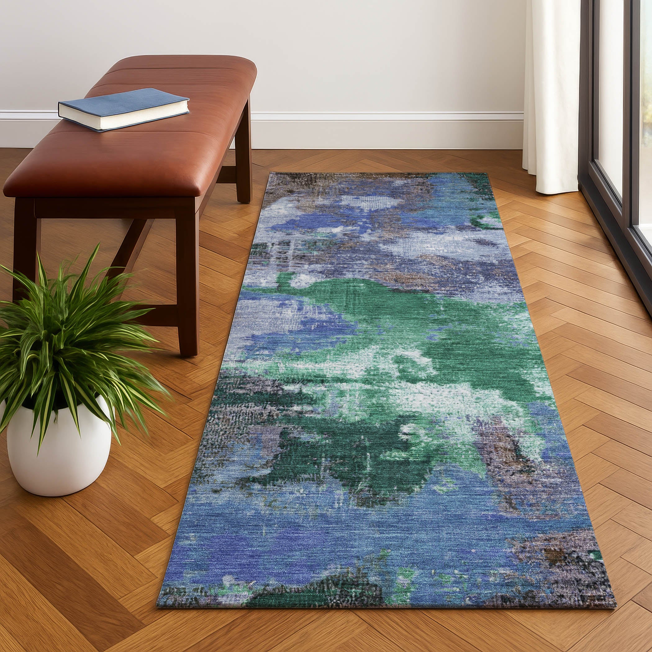 Seville Machine Washable Transitional Green Rug 2'3" x 7'6" #shape_Runner