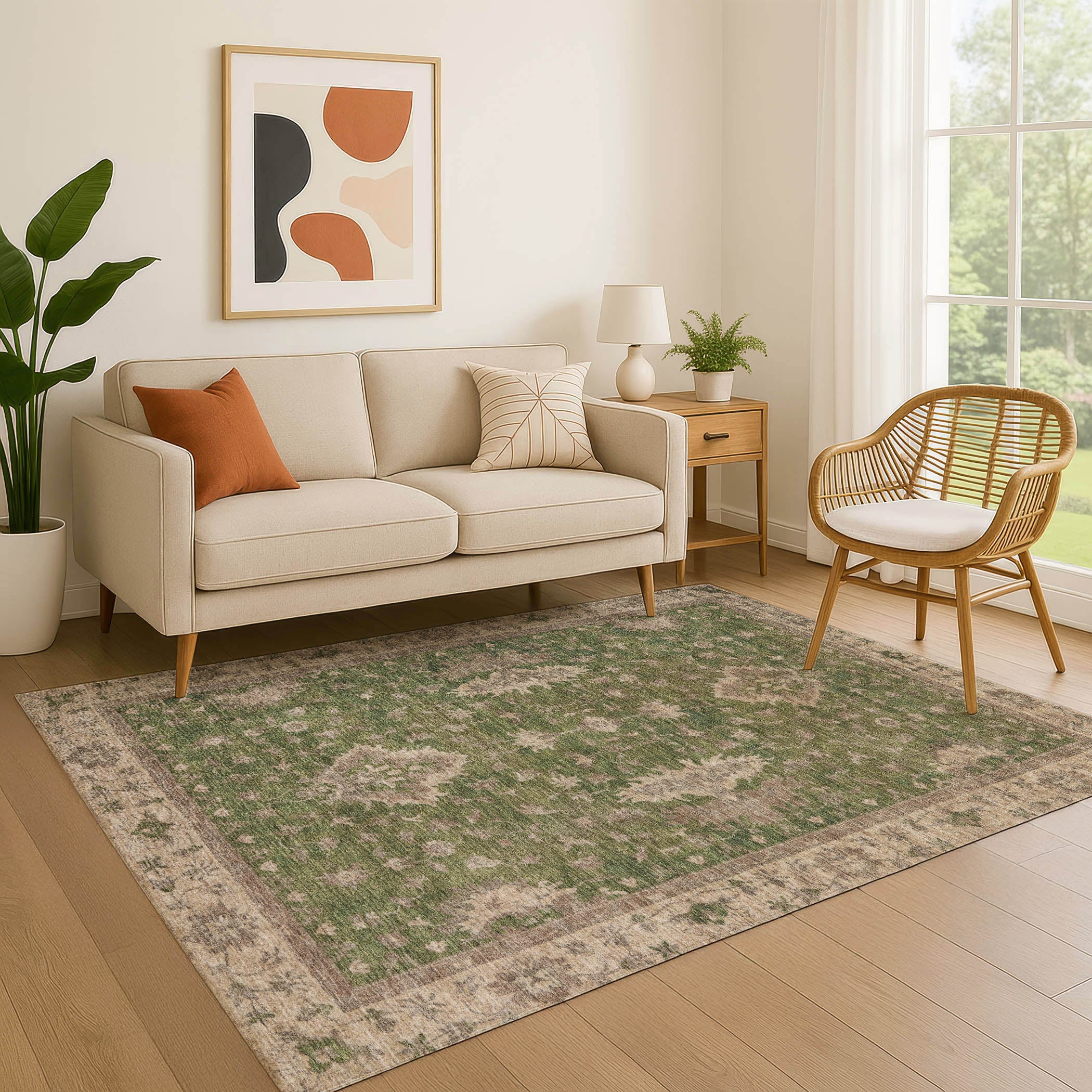 Siena Machine Washable Traditional Aloe Green Rug 2'6" x 3'10" #shape_Rectangle