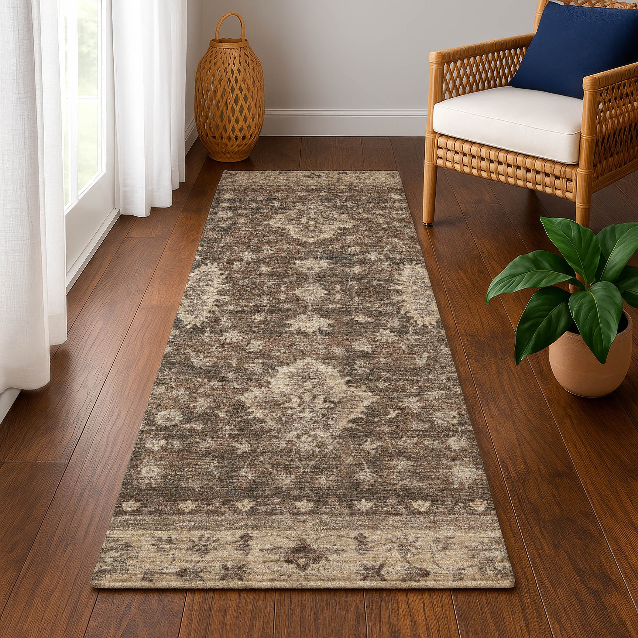 Siena Machine Washable Traditional Brown Rug 2'3" x 7'6" #shape_Runner