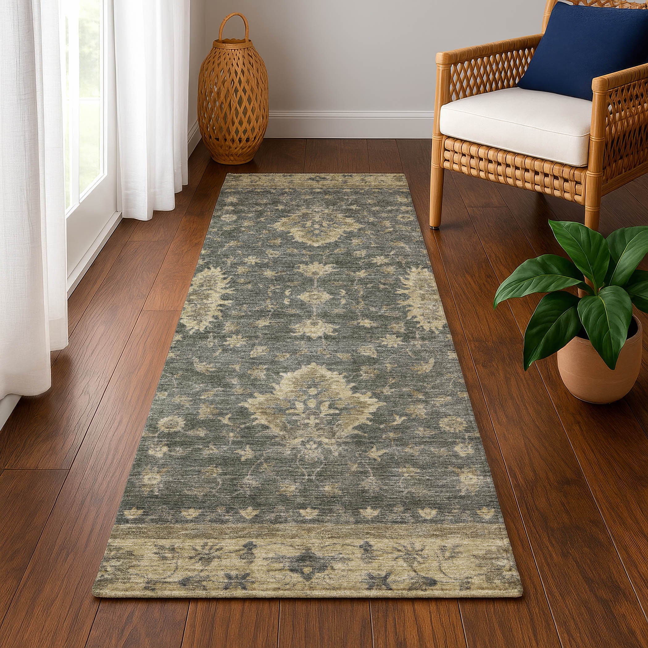 Siena Machine Washable Traditional Gray Rug 2'3" x 7'6" #shape_Runner