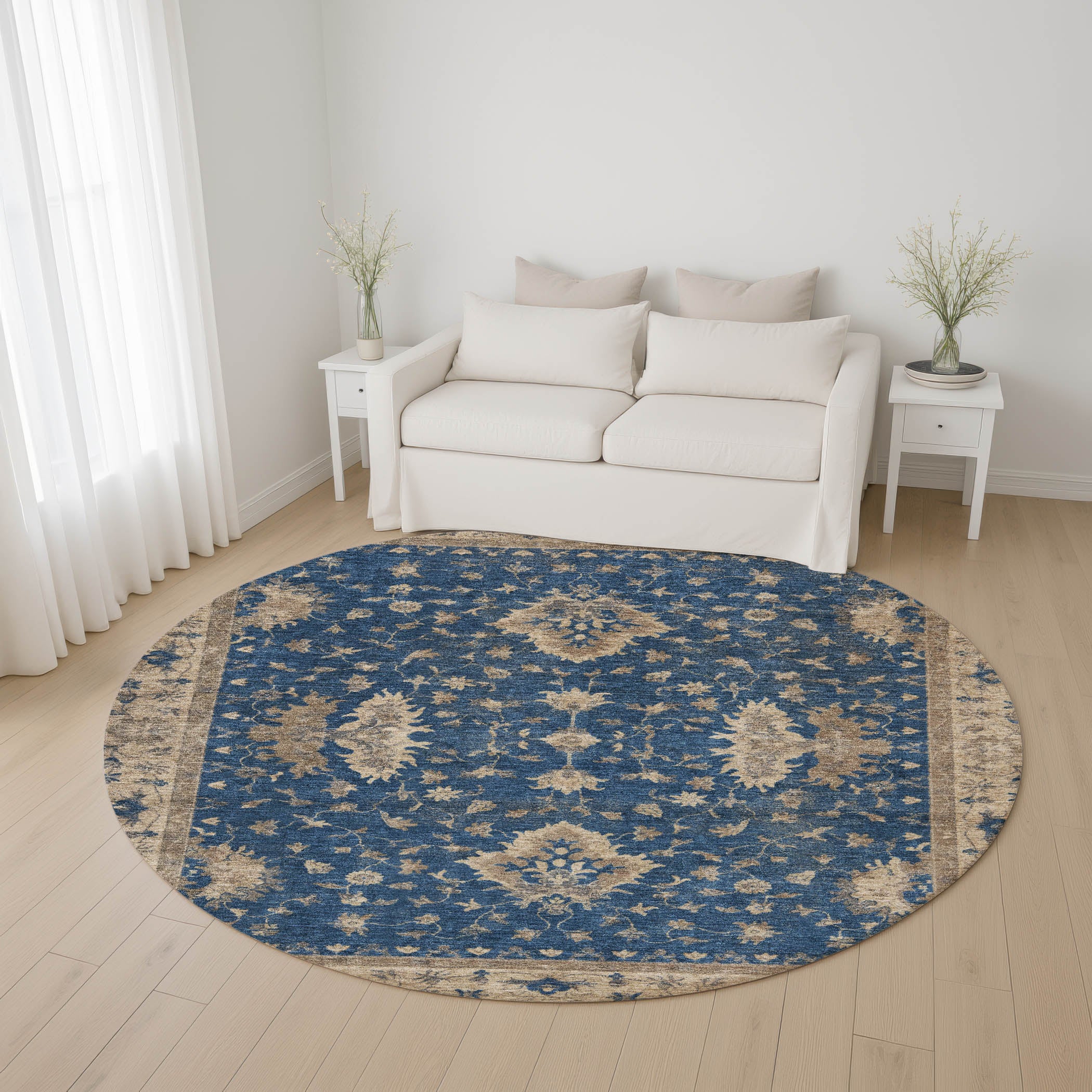 Siena Machine Washable Traditional Navy Blue Rug 8' x 8' #shape_Round