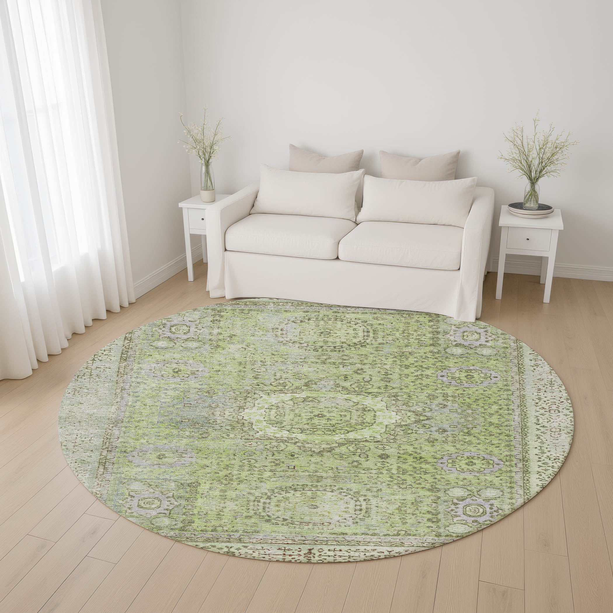 Budapest Machine Washable Traditional Aloe Green Rug 8' x 8' #shape_Round