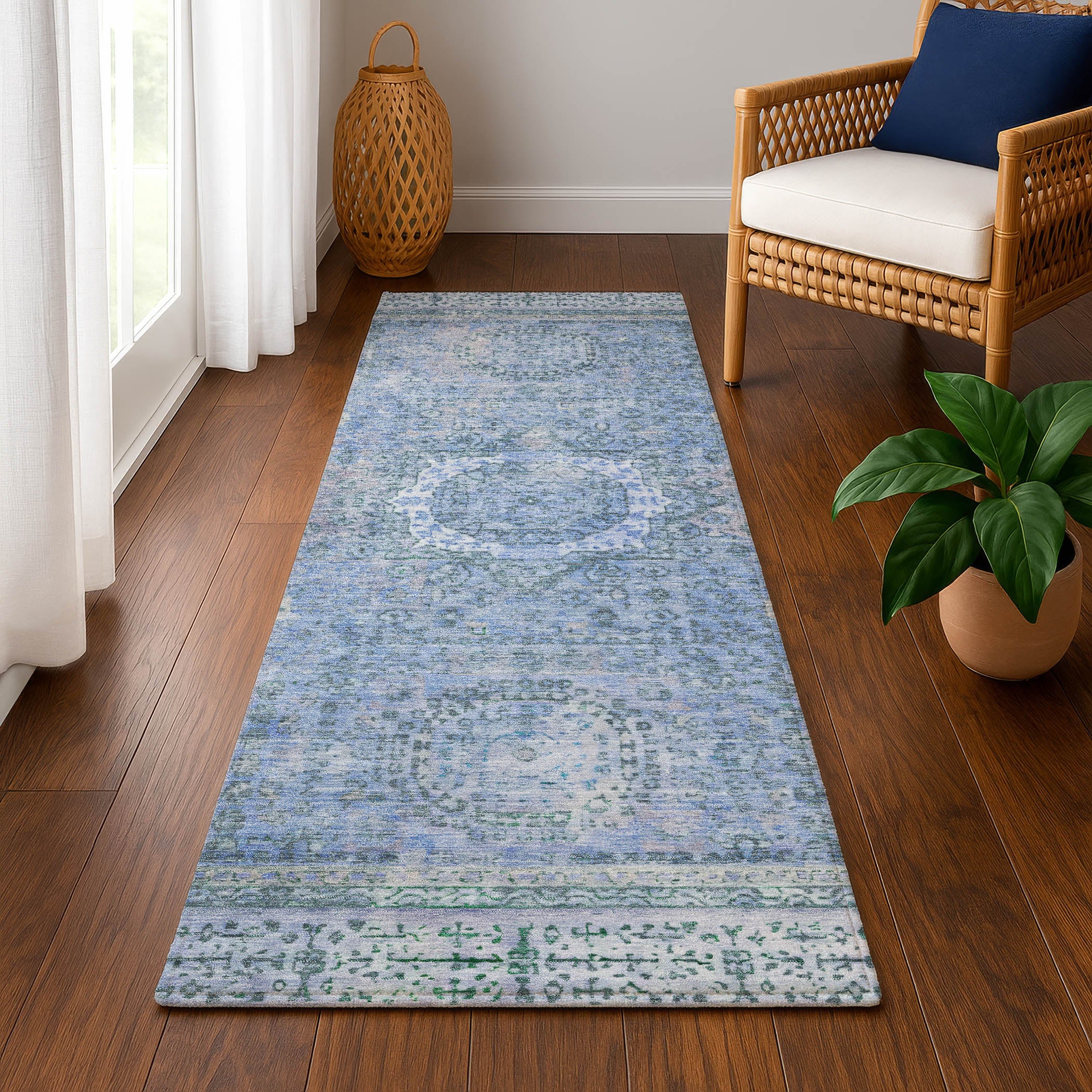 Budapest Machine Washable Traditional Blue Rug 2'3" x 7'6" #shape_Runner