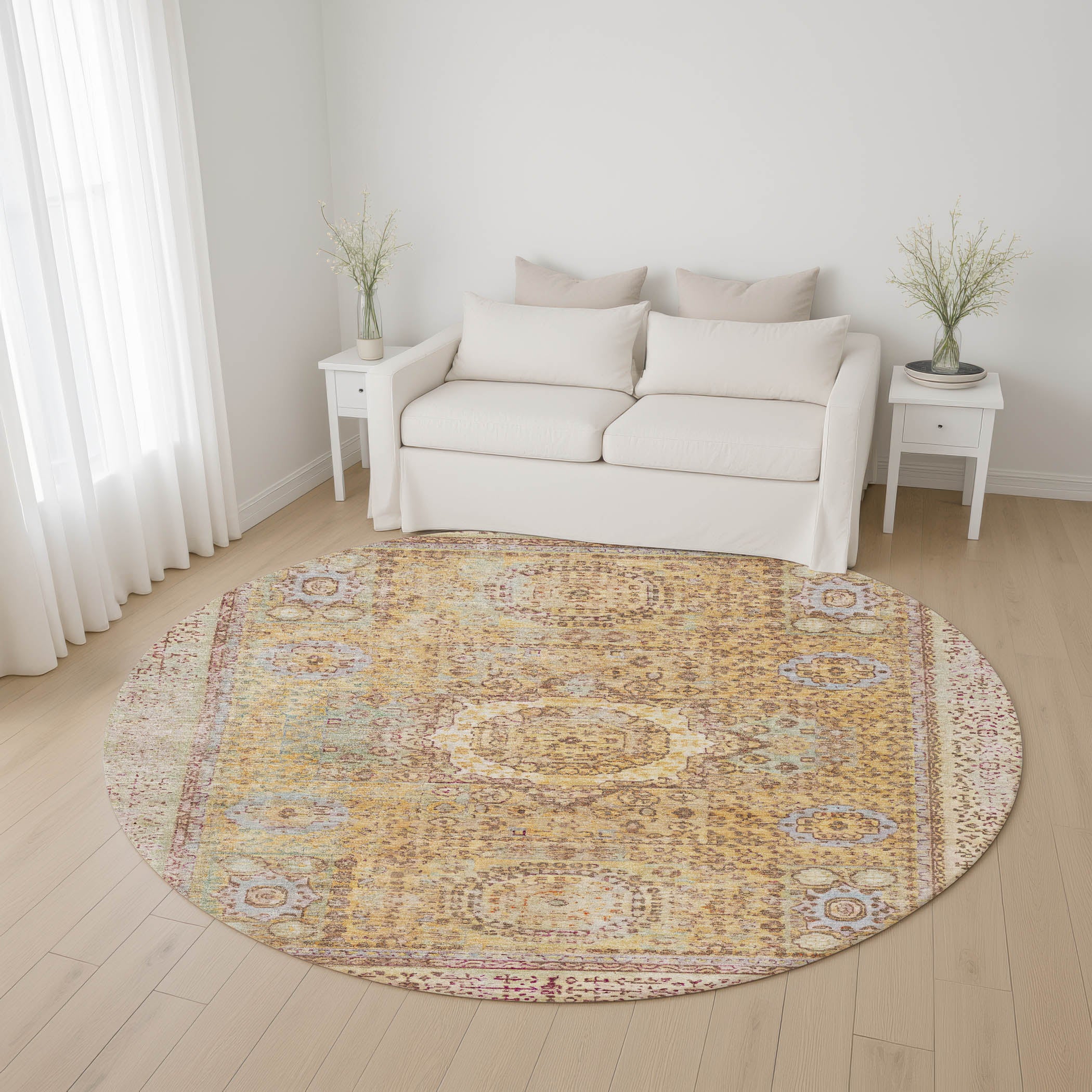 Budapest Machine Washable Traditional Gold Rug 8' x 8' #shape_Round