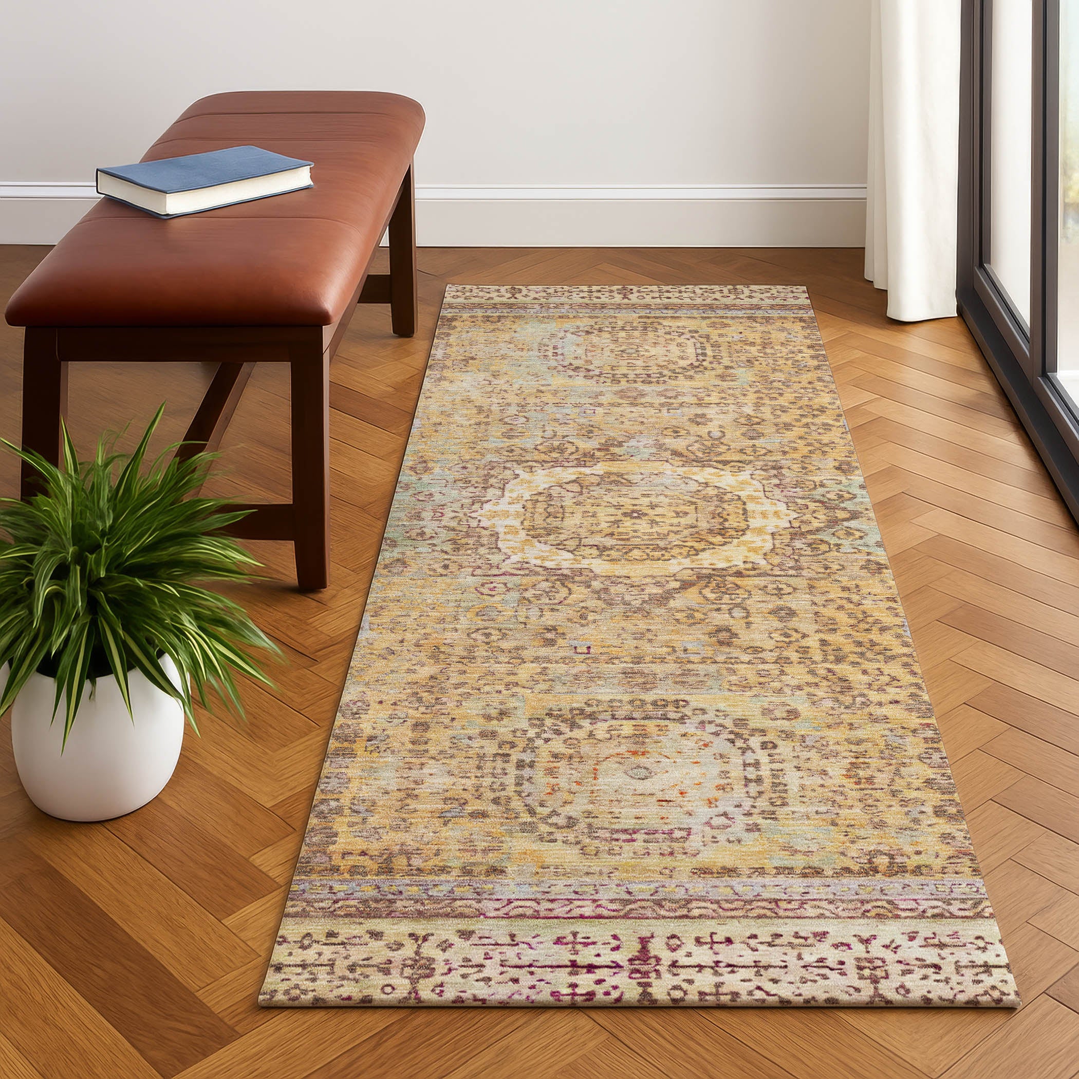 Budapest Machine Washable Traditional Gold Rug 2'3" x 7'6" #shape_Runner