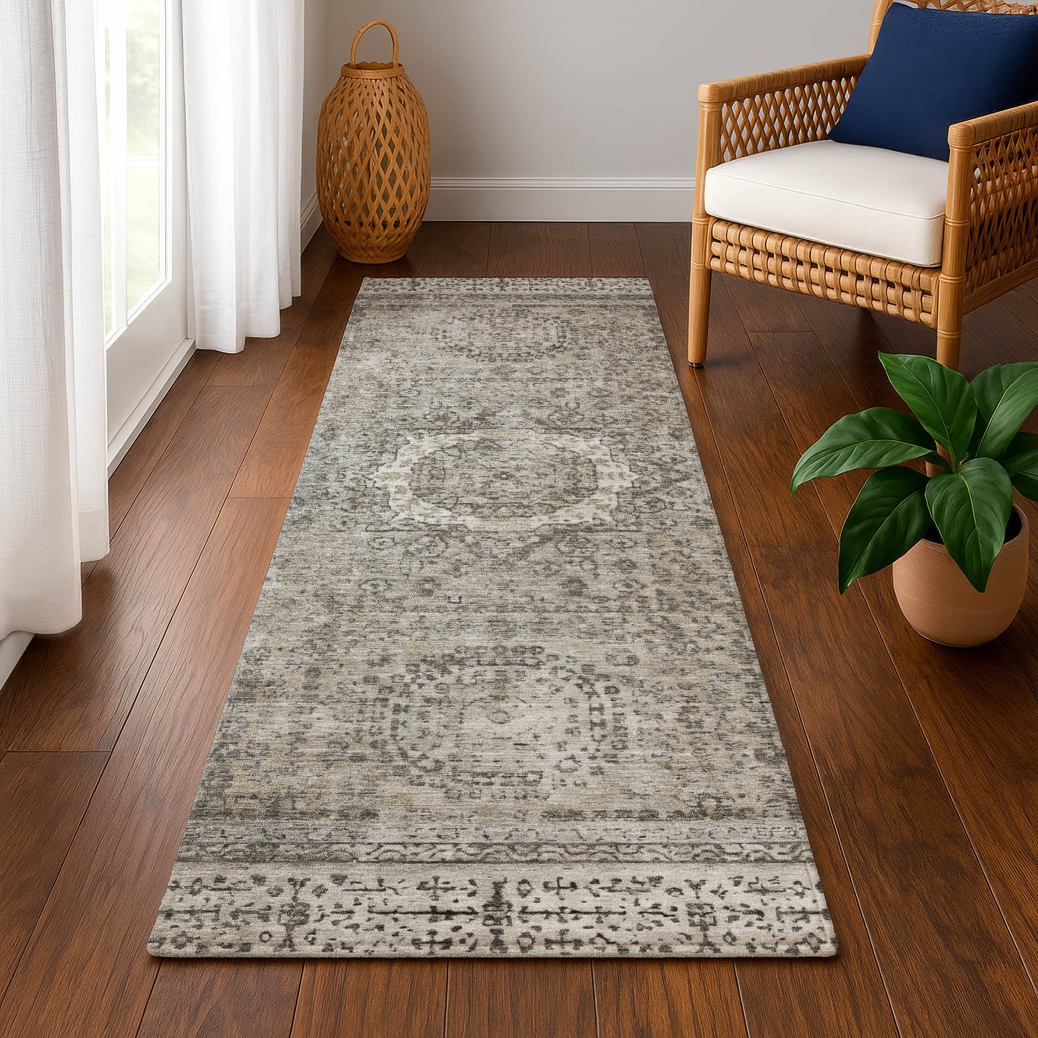 Budapest Machine Washable Traditional Pewter Gray Rug 2'3" x 7'6" #shape_Runner