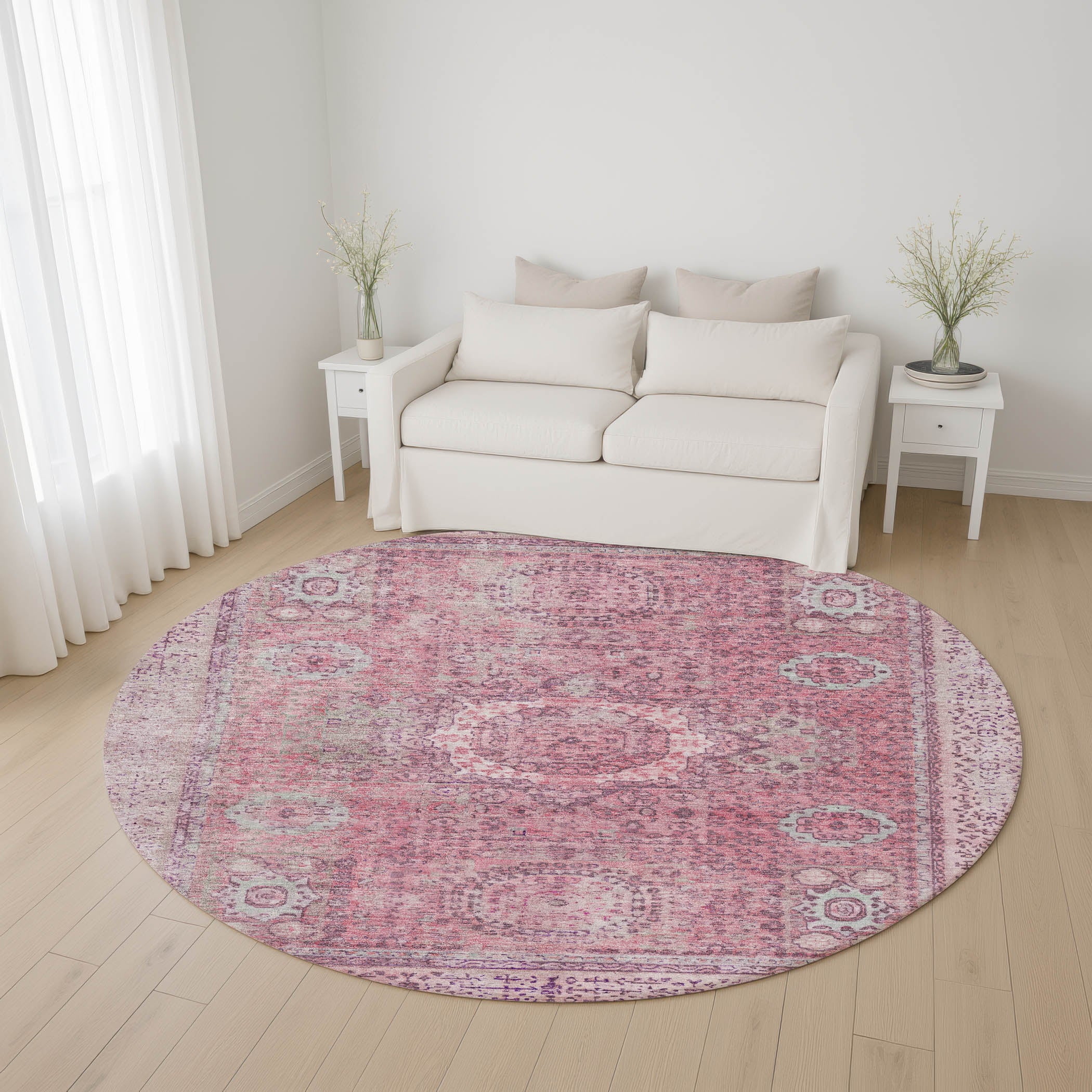 Budapest Machine Washable Traditional Pink Rug 8' x 8' #shape_Round