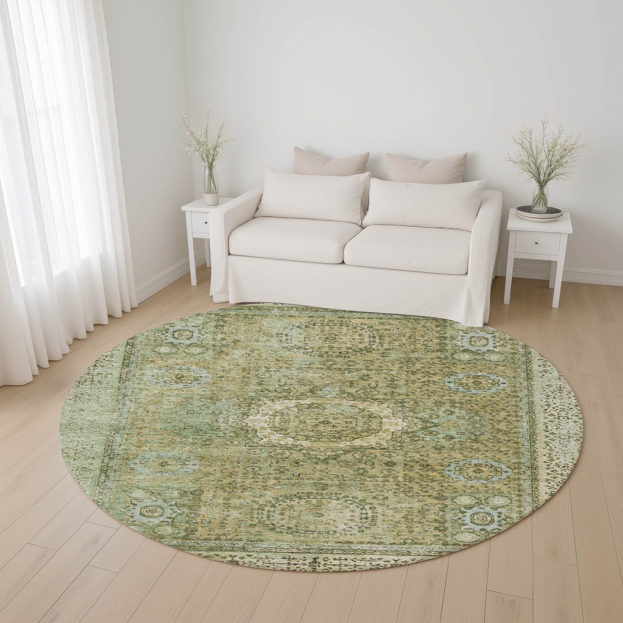Budapest Machine Washable Traditional Sage Green Rug 8' x 8' #shape_Round