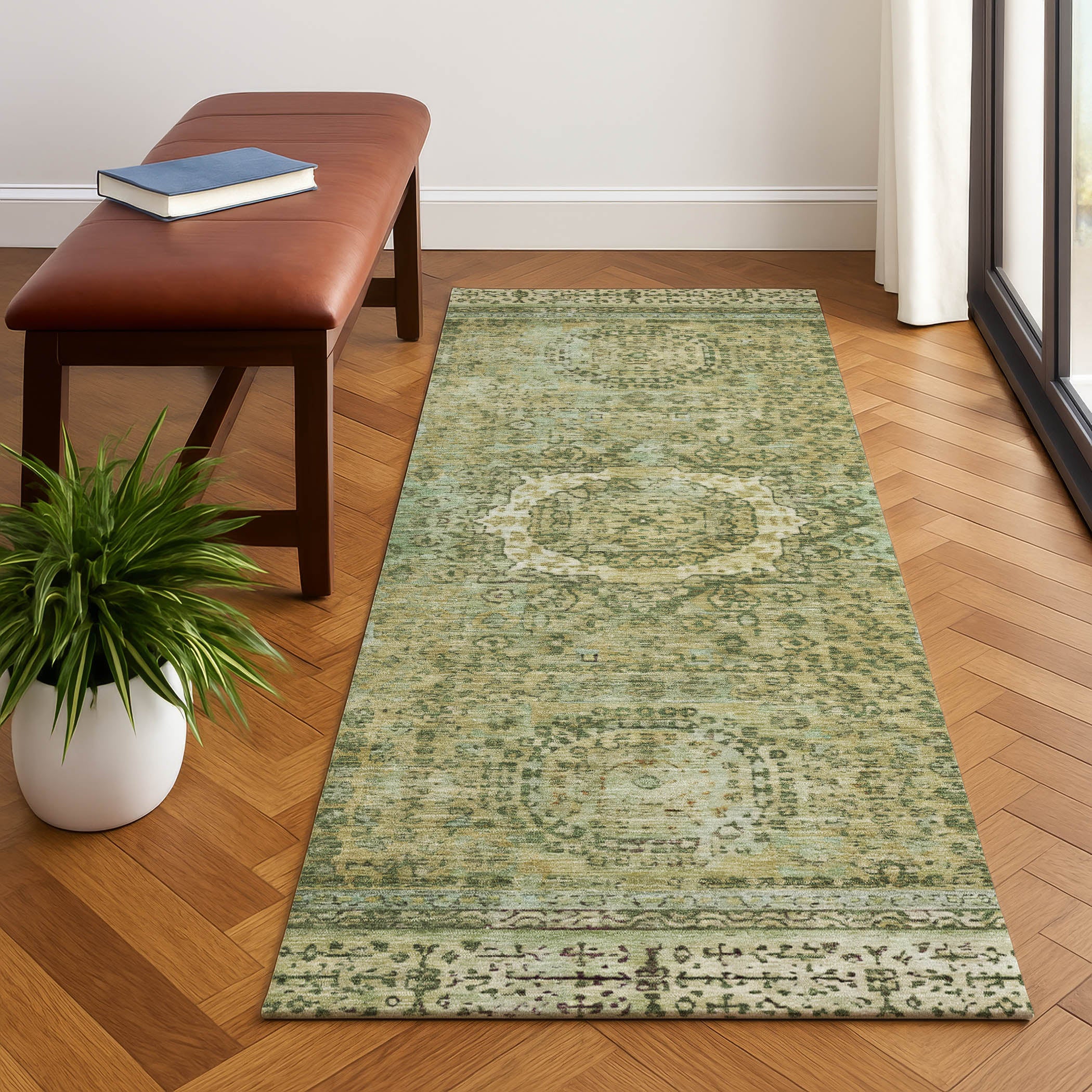 Budapest Machine Washable Traditional Sage Green Rug 2'3" x 7'6" #shape_Runner