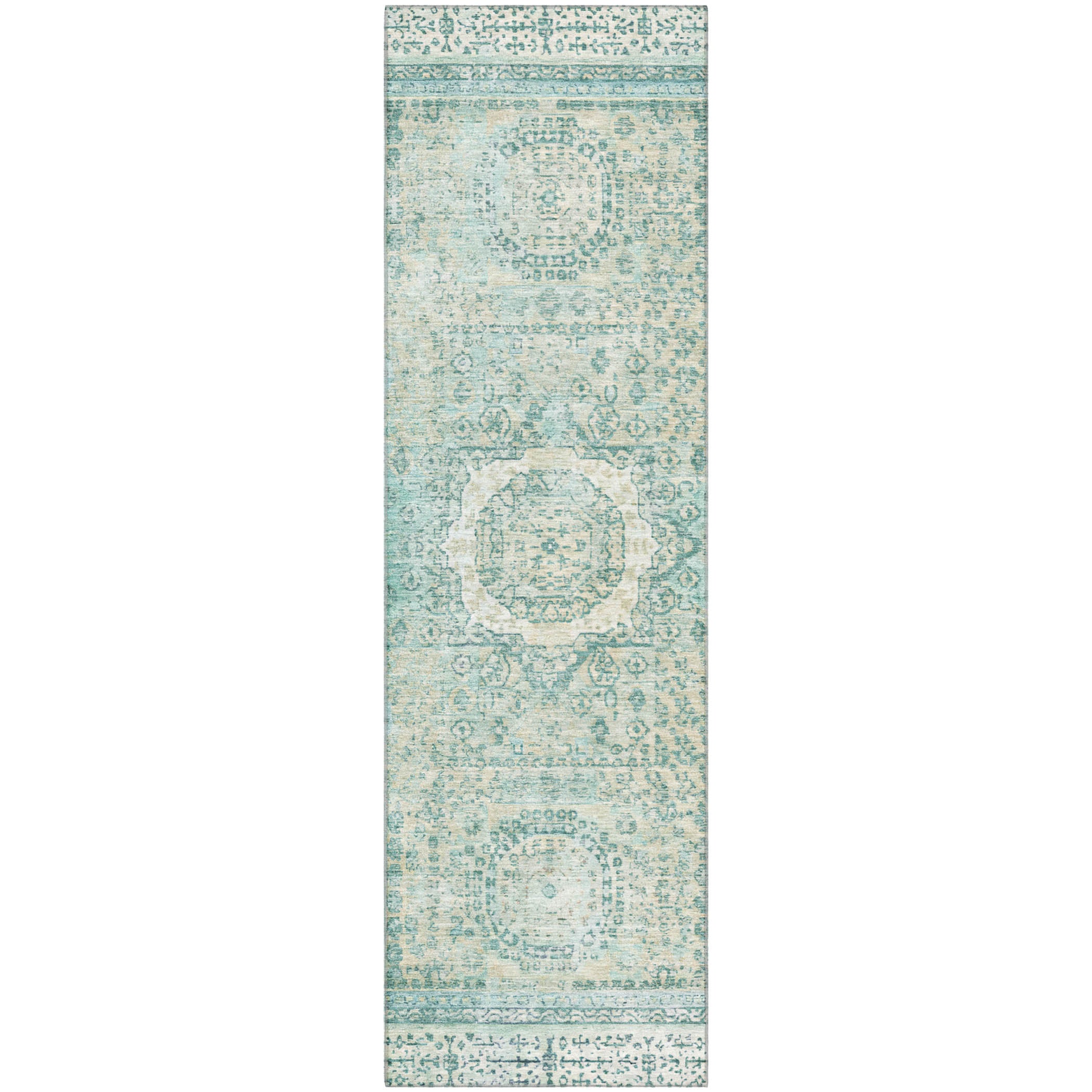 Budapest Machine Washable Traditional Turquoise Teal Rug 2'3" x 7'6" #shape_Runner