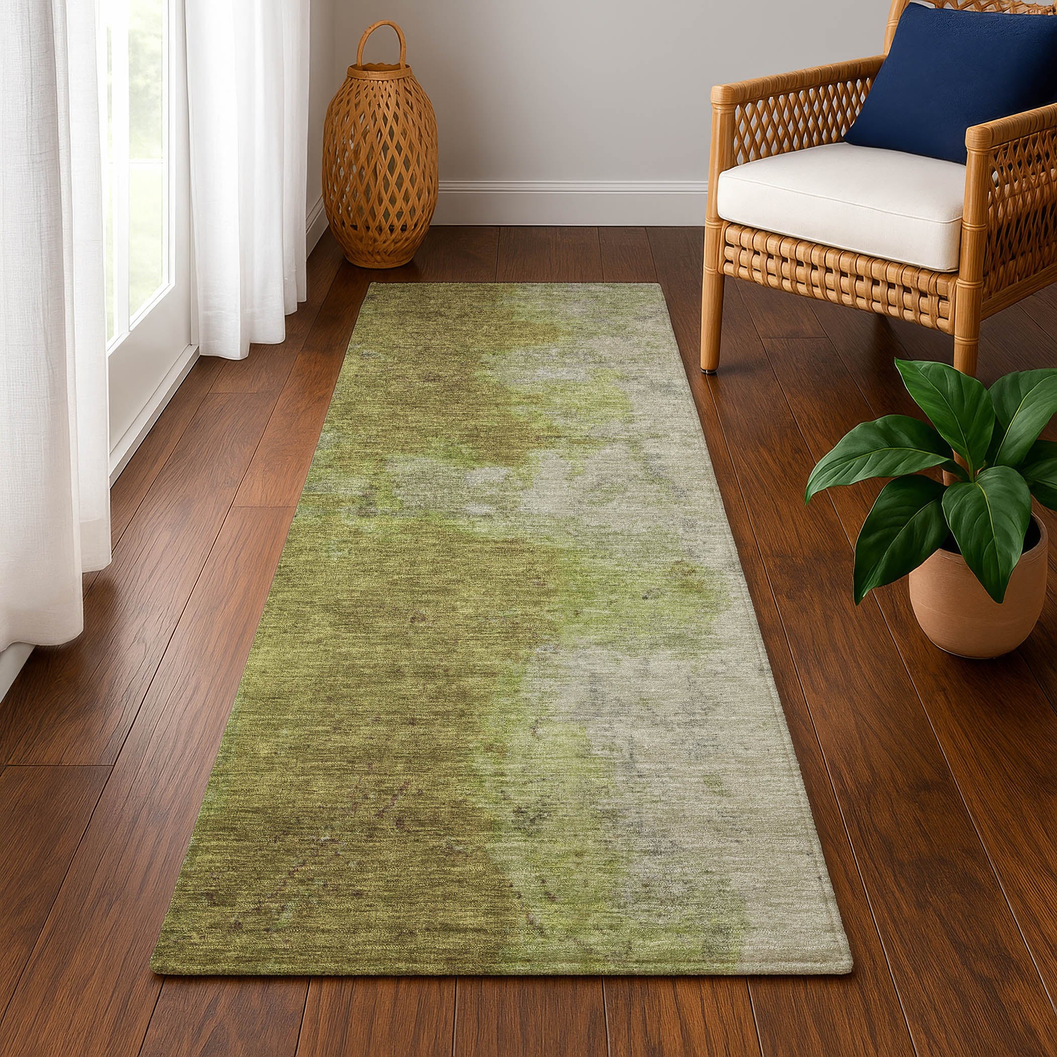 Salzburg Machine Washable Transitional Olive Green Rug 2'3" x 7'6" #shape_Runner