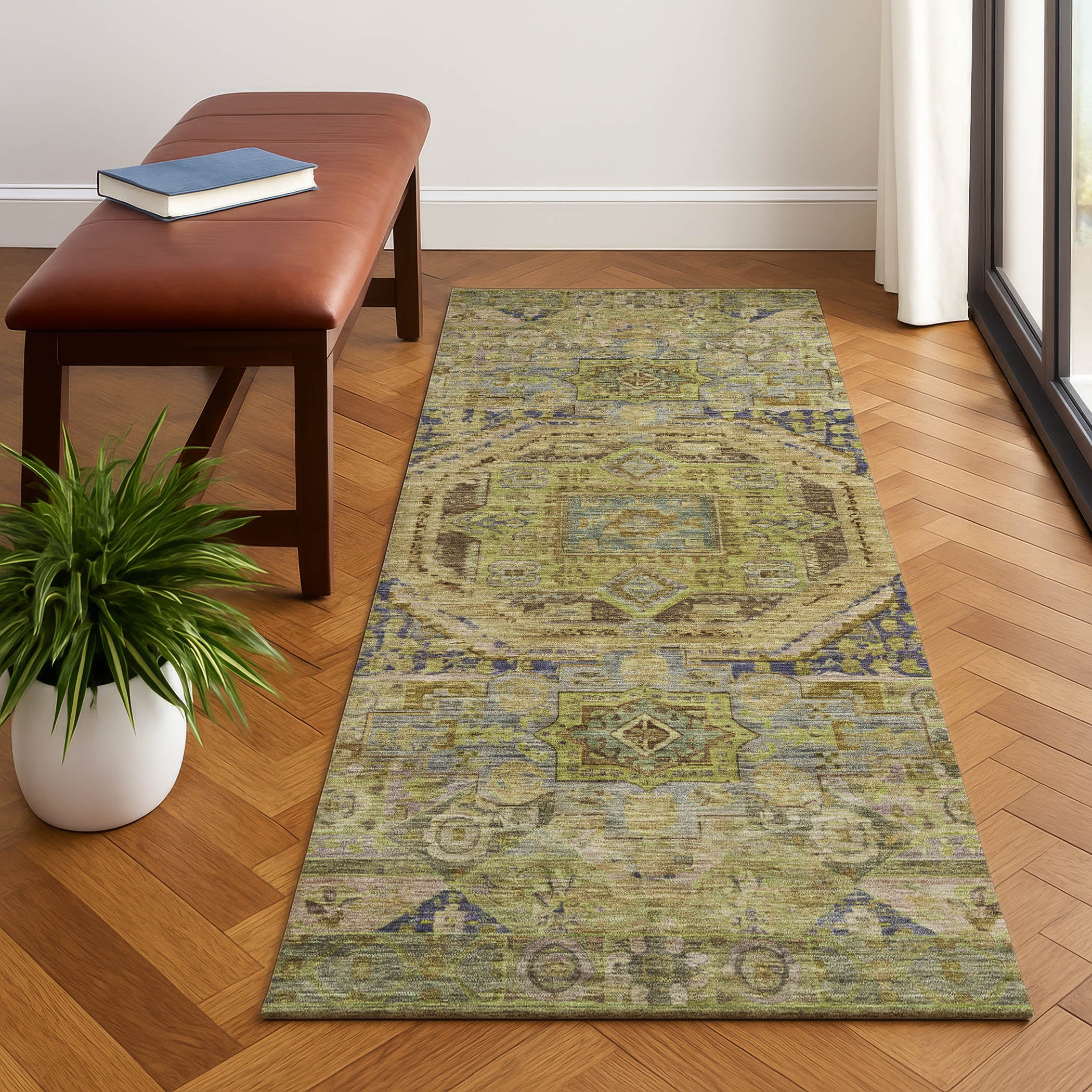 Dublin Machine Washable Traditional Aloe Green Rug 2'3" x 7'6" #shape_Runner
